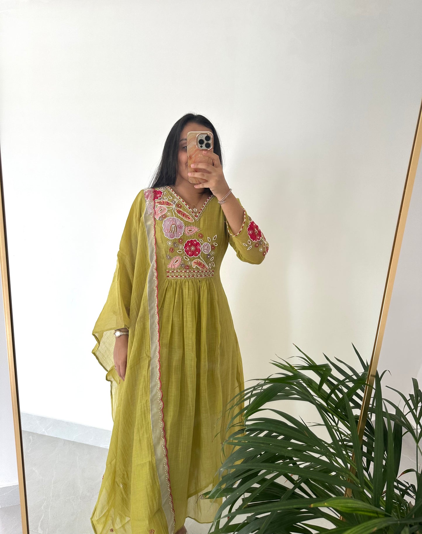 K366 - Mul Chanderi handwork Anarkali with pants and dupatta