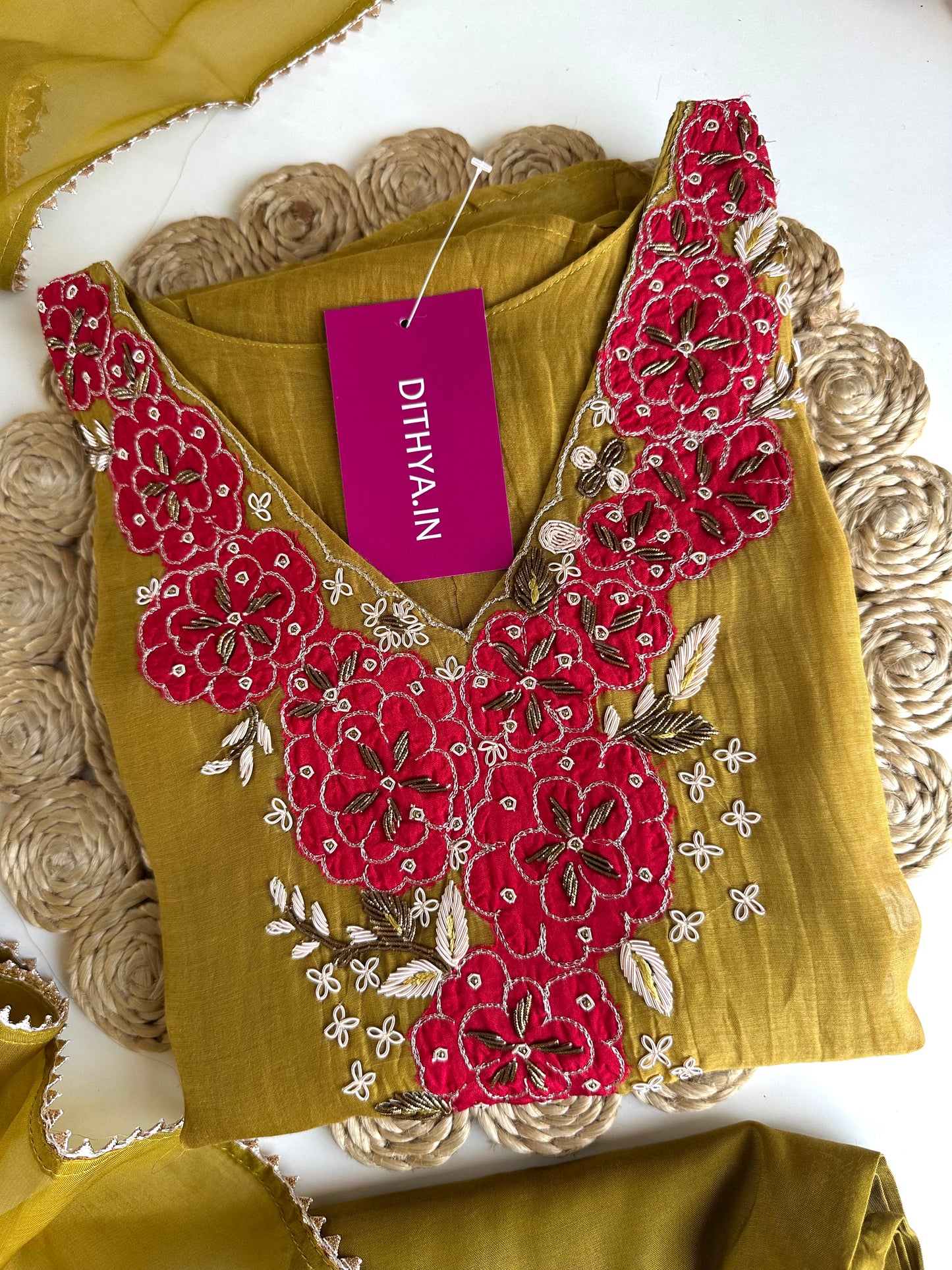K167 - Pure mul Chanderi handwork Aline Kurti with pants and dupatta