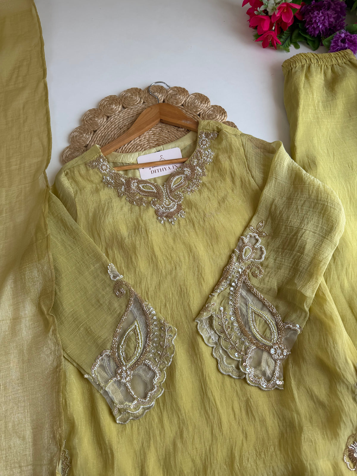 K021 - Crush tissue handwork short Kurti with divider pants and dupatta