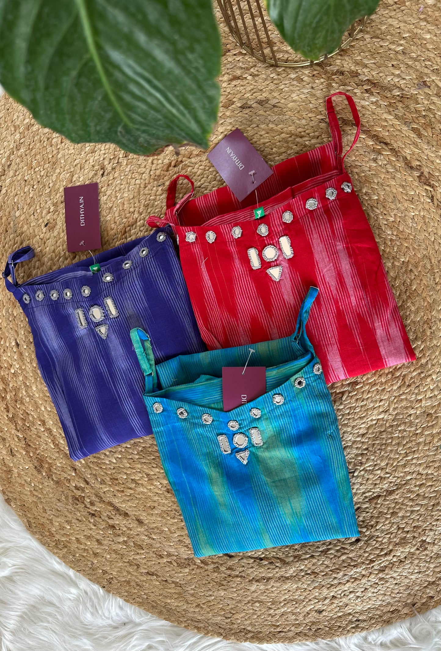 K040 - Cotton strap mirror work Kurti with pants in 3 colours