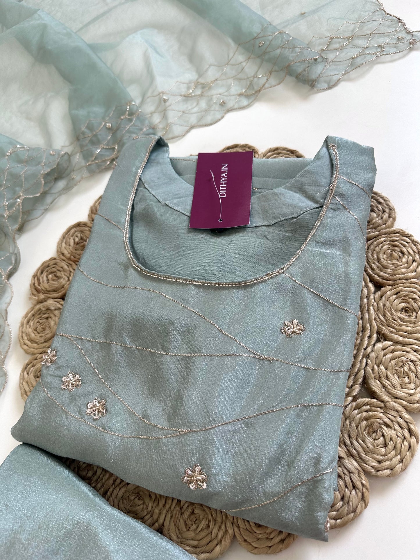 K131 - Tissue silk Zari handwork straight kurti with pants and dupatta .