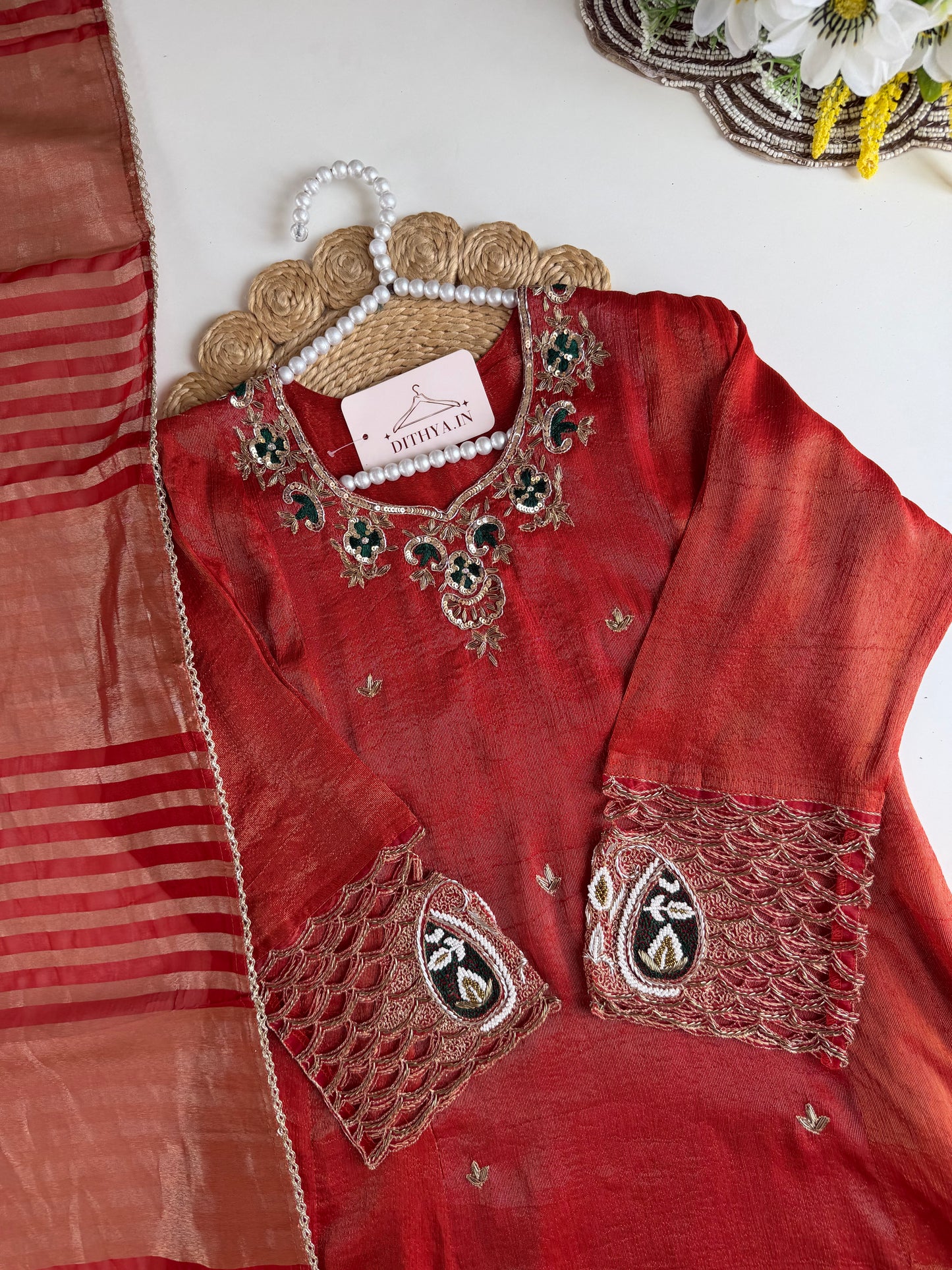 K491 - Tissue silk handwork aline Kurti with pants and dupatta