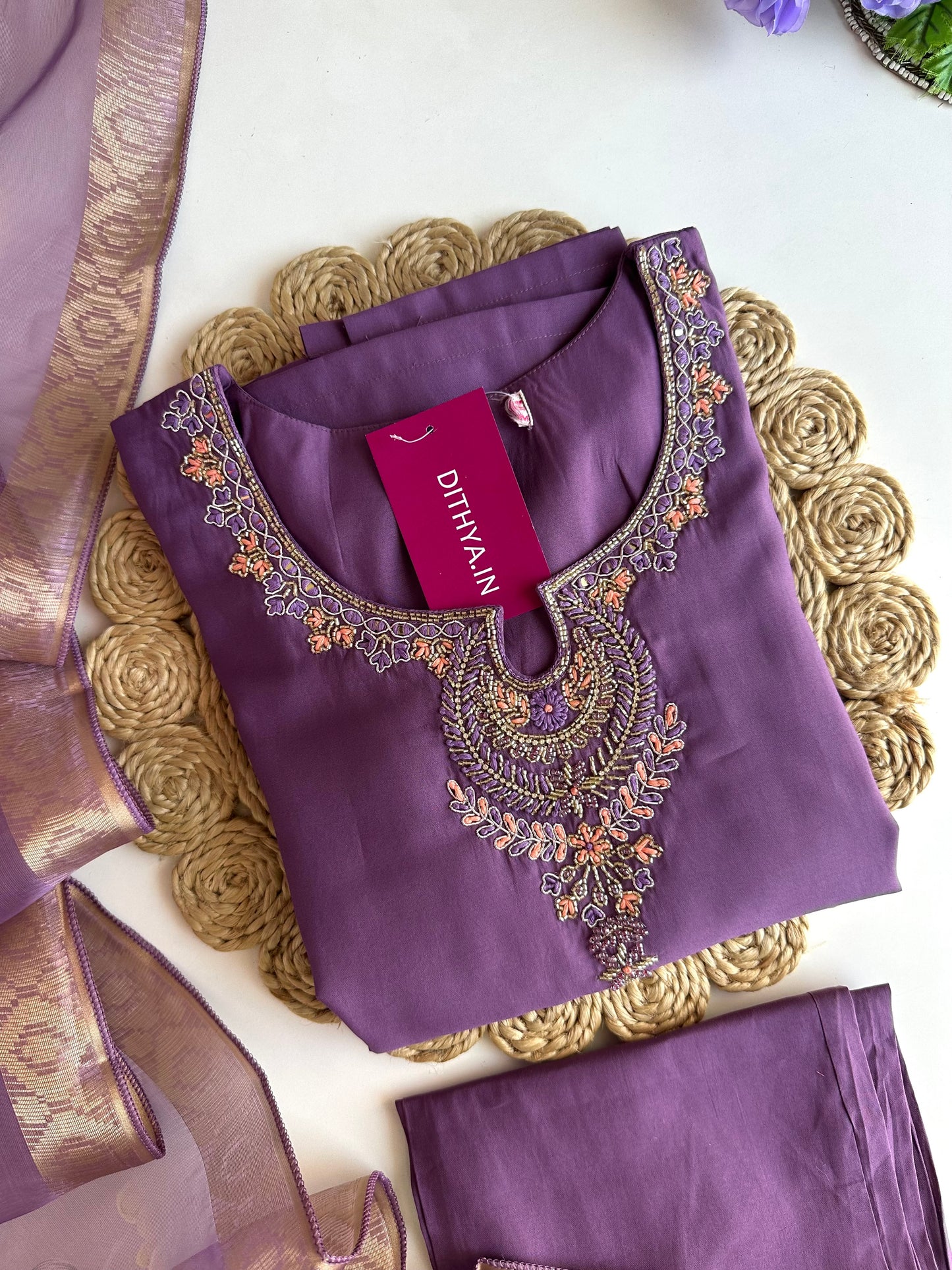 K154 - Roman silk handwork straight Kurti with pants and dupatta