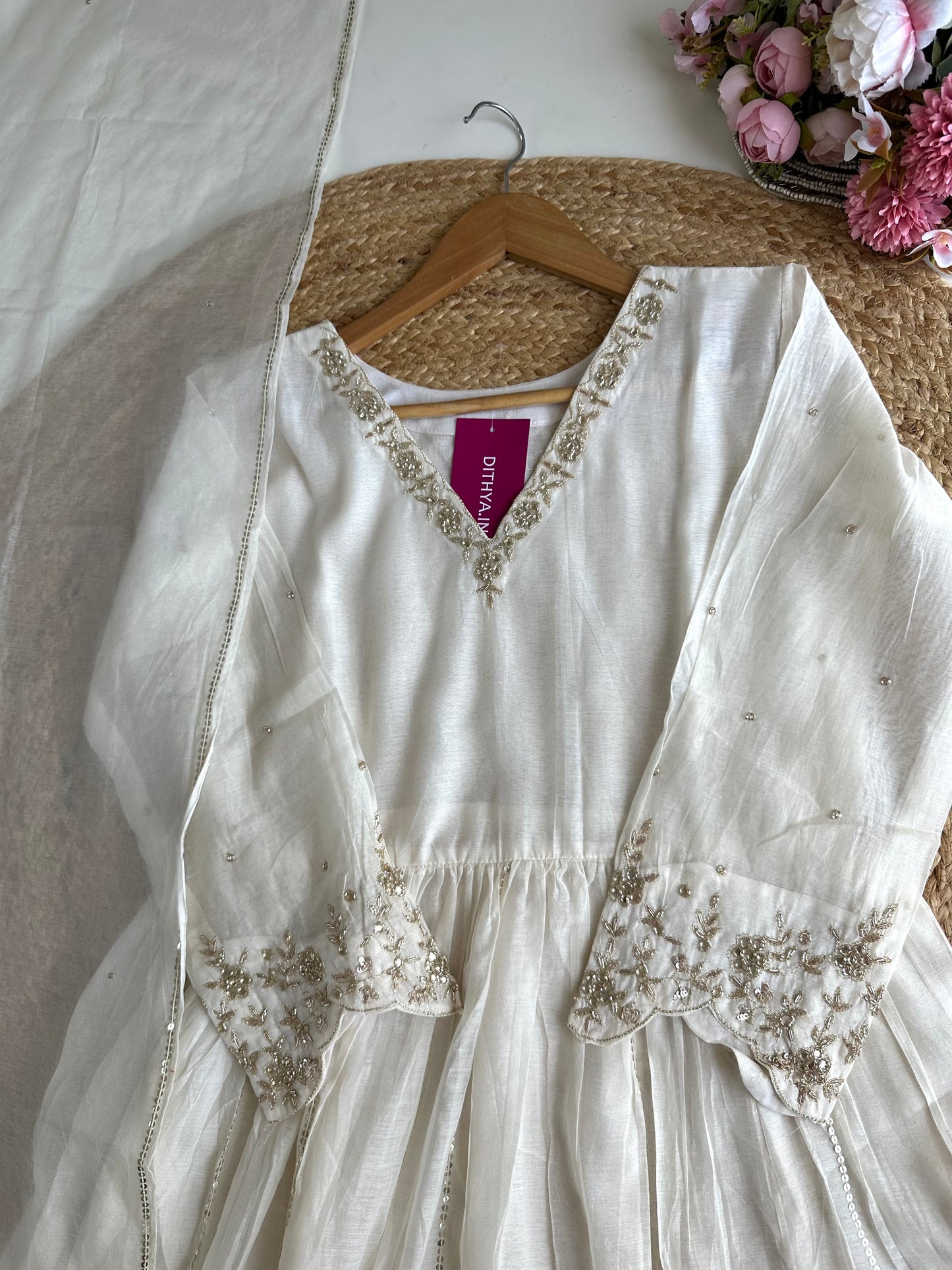K099 - Mul Chanderi handwork Anarkali with pants and dupatta