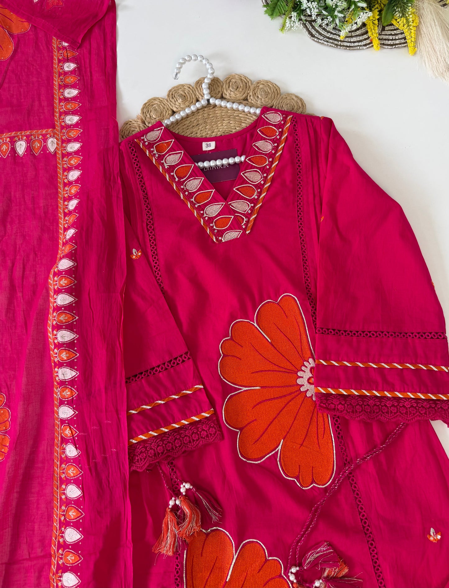 K531 - Mul Cotton embroidered aline Kurti with pants and dupatta