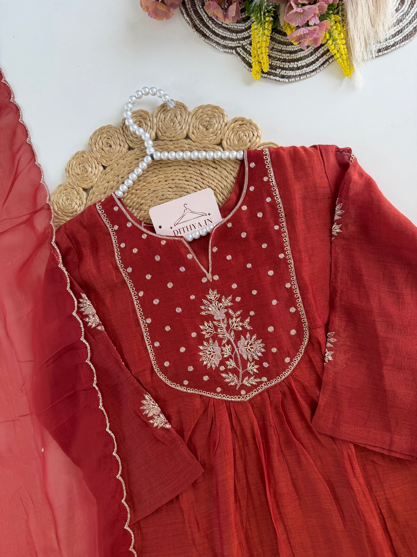 K527 - Mul chanderi handwork Anarkali with pants and dupatta