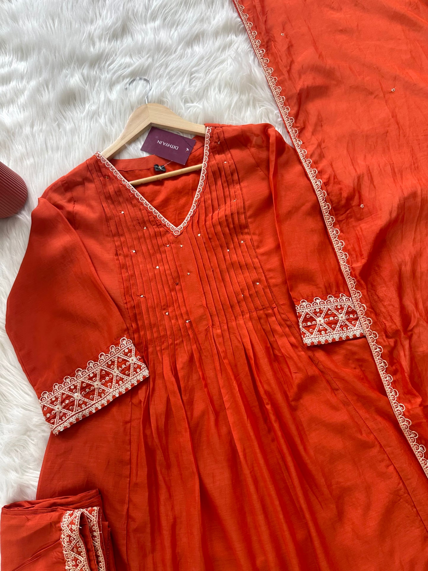 K369 - Mul Chanderi zari work Aline Kurti with pants and dupatta in 2 colours