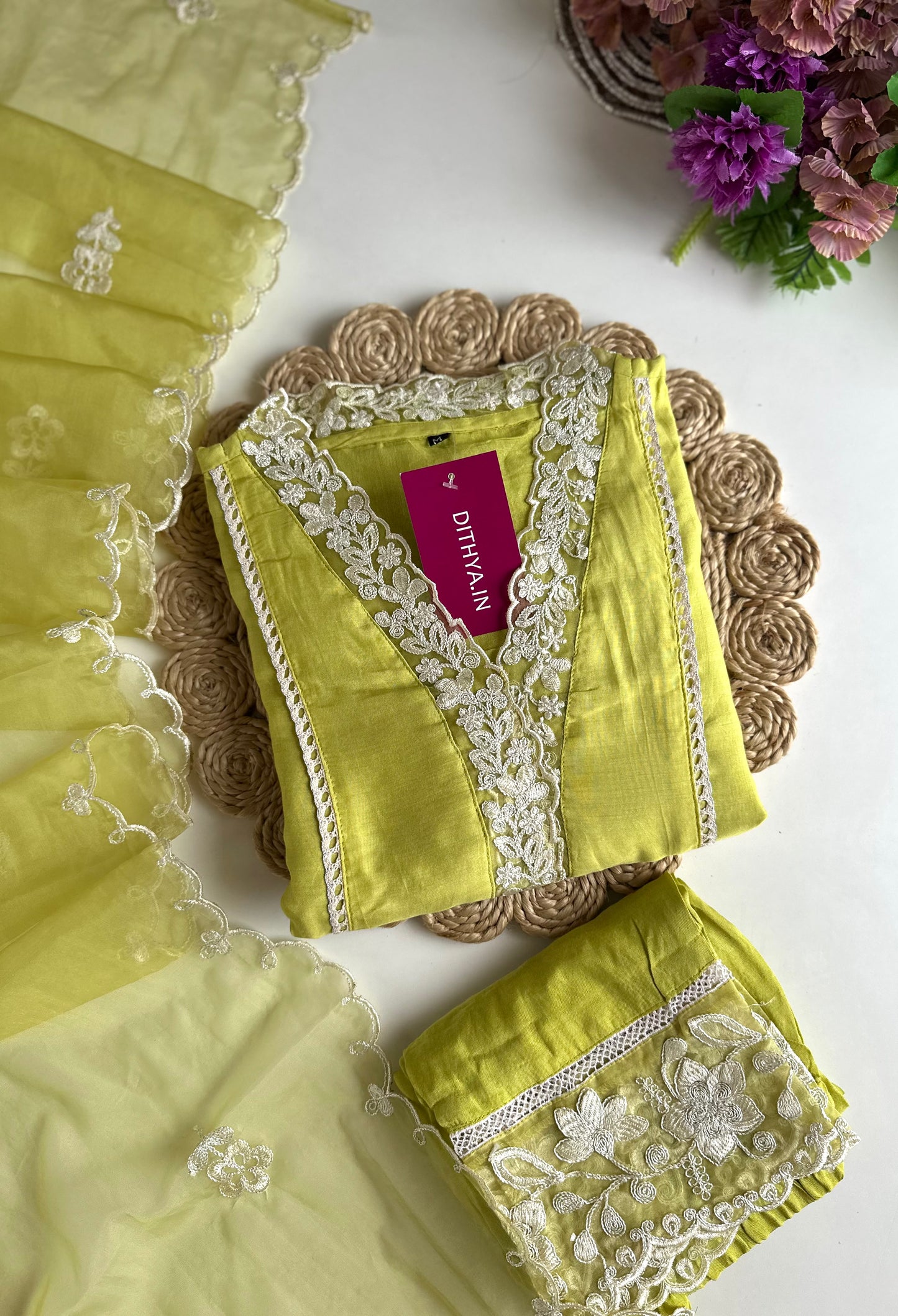 K355 - Russian silk embroidered Aline Kurti with pants and dupatta