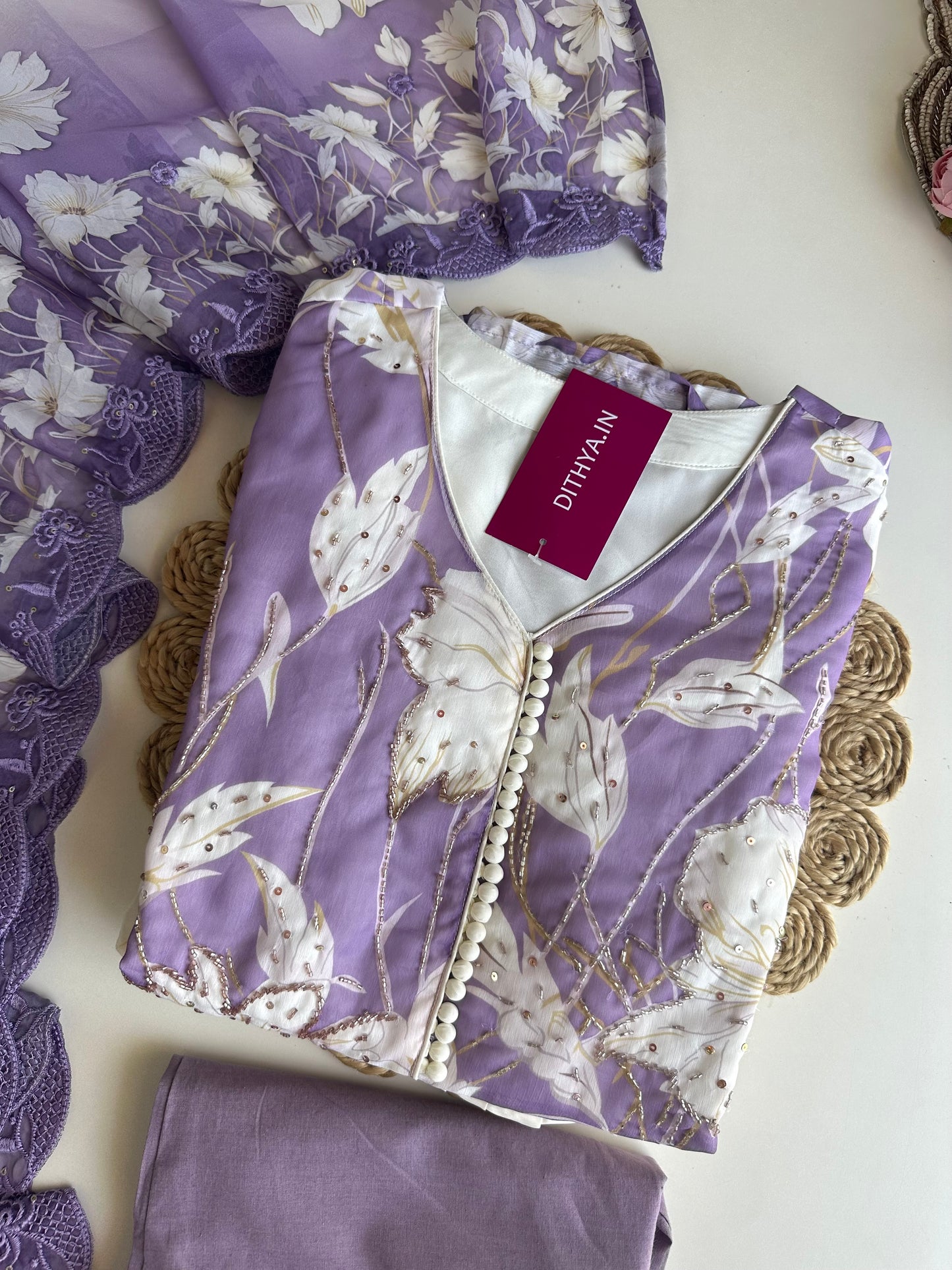 K426 - Chinnon handwork Floral Anarkali with pants and dupatta