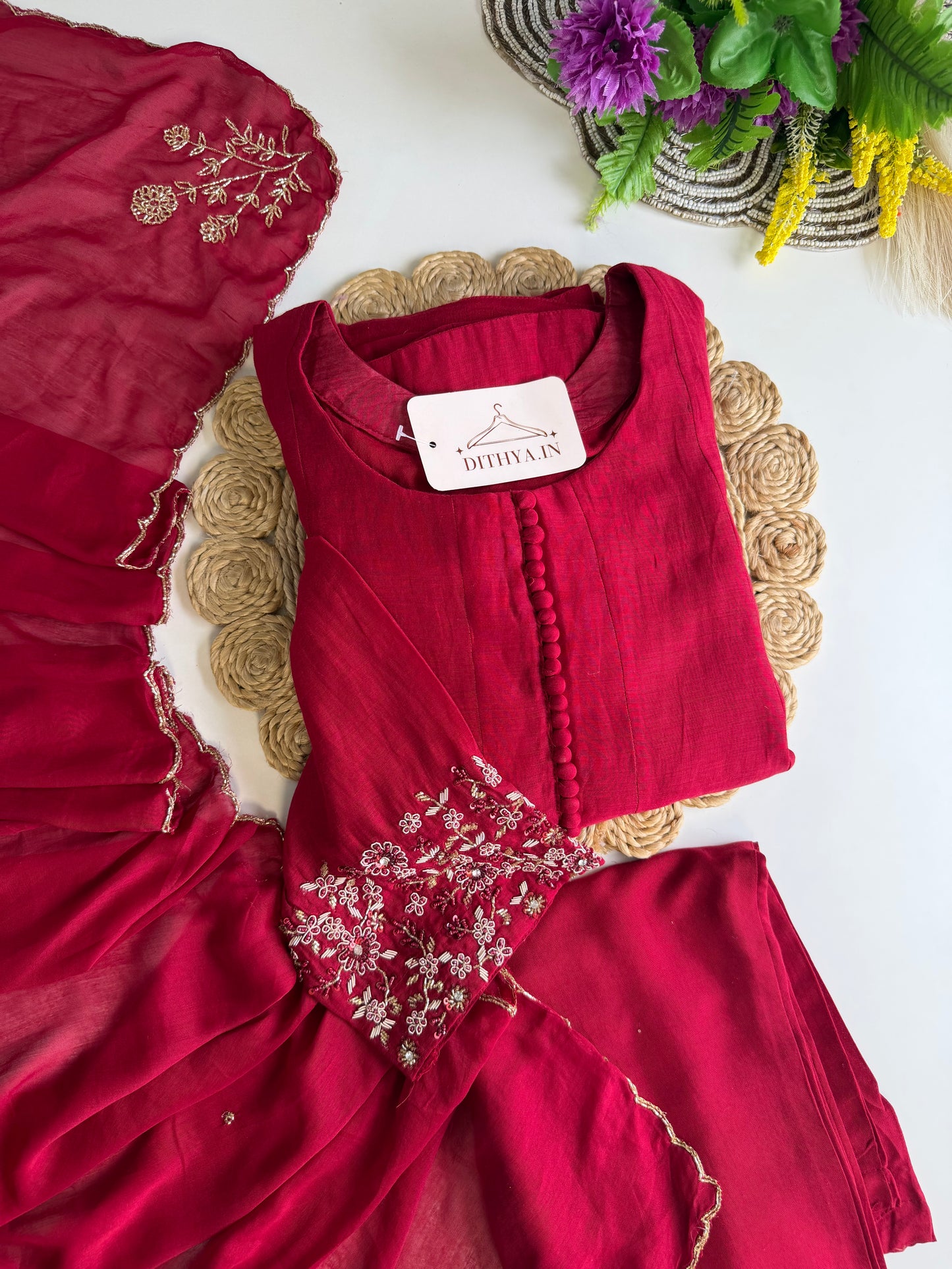 K557 - Mul chanderi handwork Anarkali with pants and dupatta