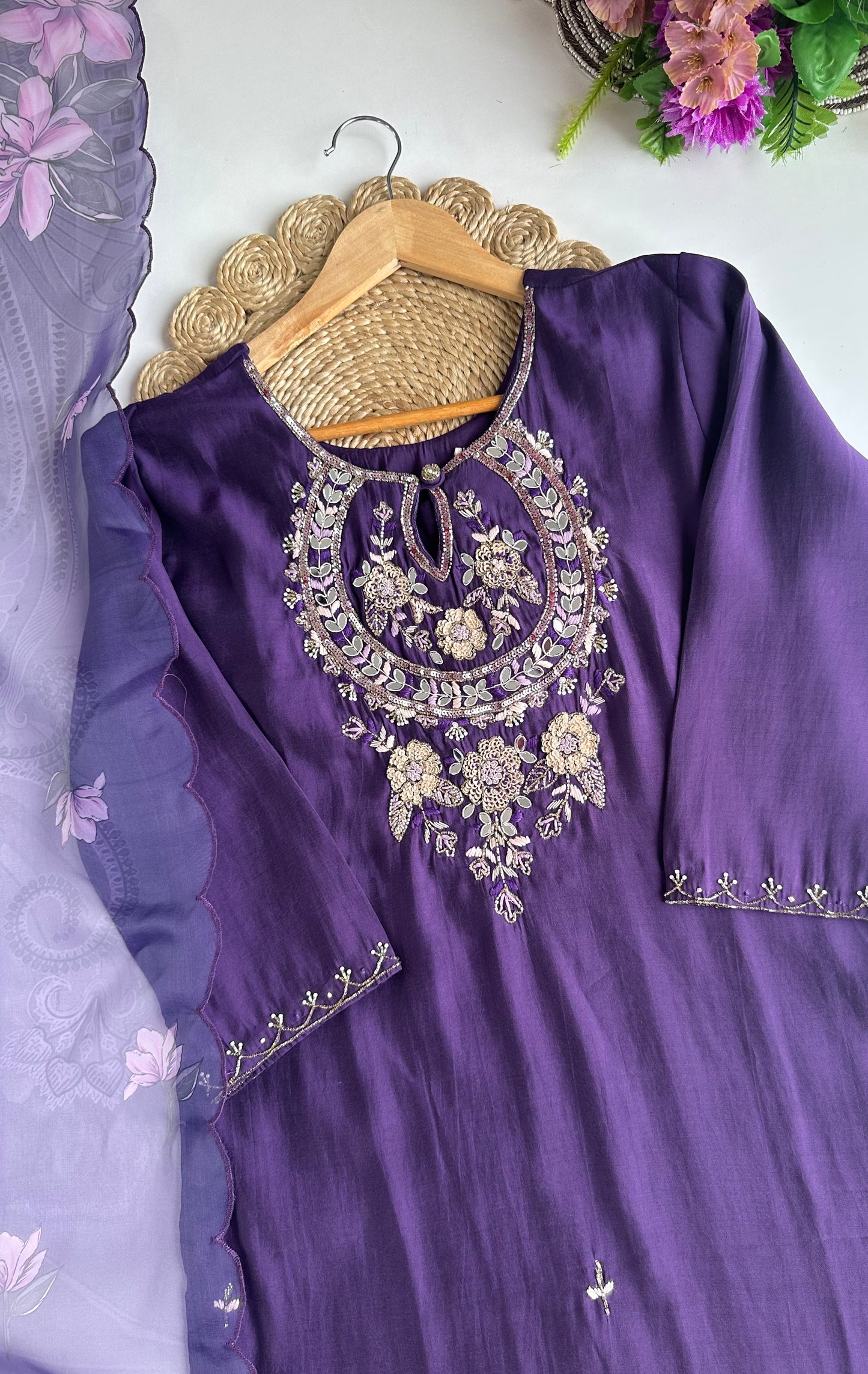 K091 - Roman silk Handwork straight Kurti with pants and dupatta