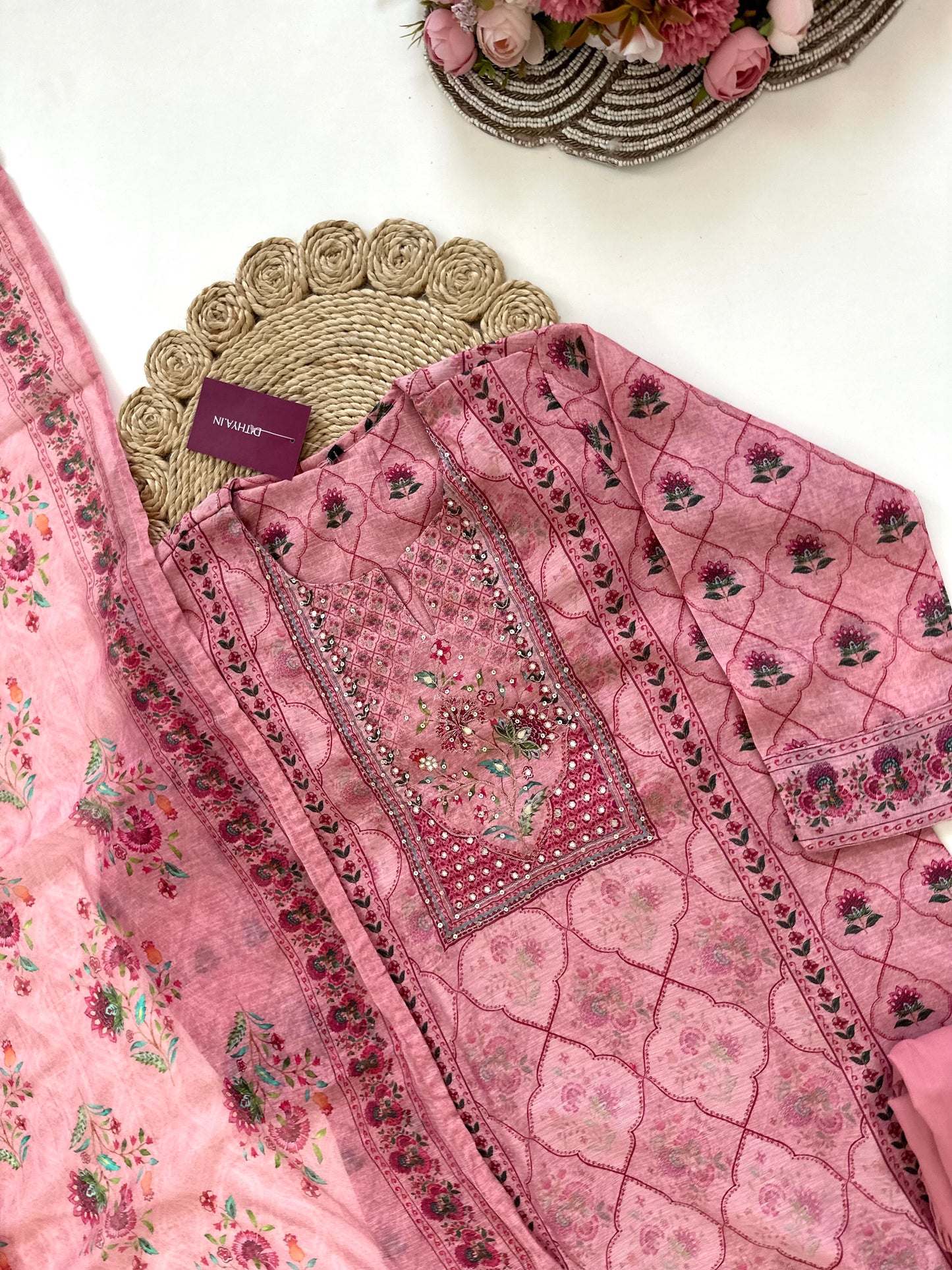 K027 - Soft chanderi handwork straight Kurti with  pants and dupatta in 2 colours