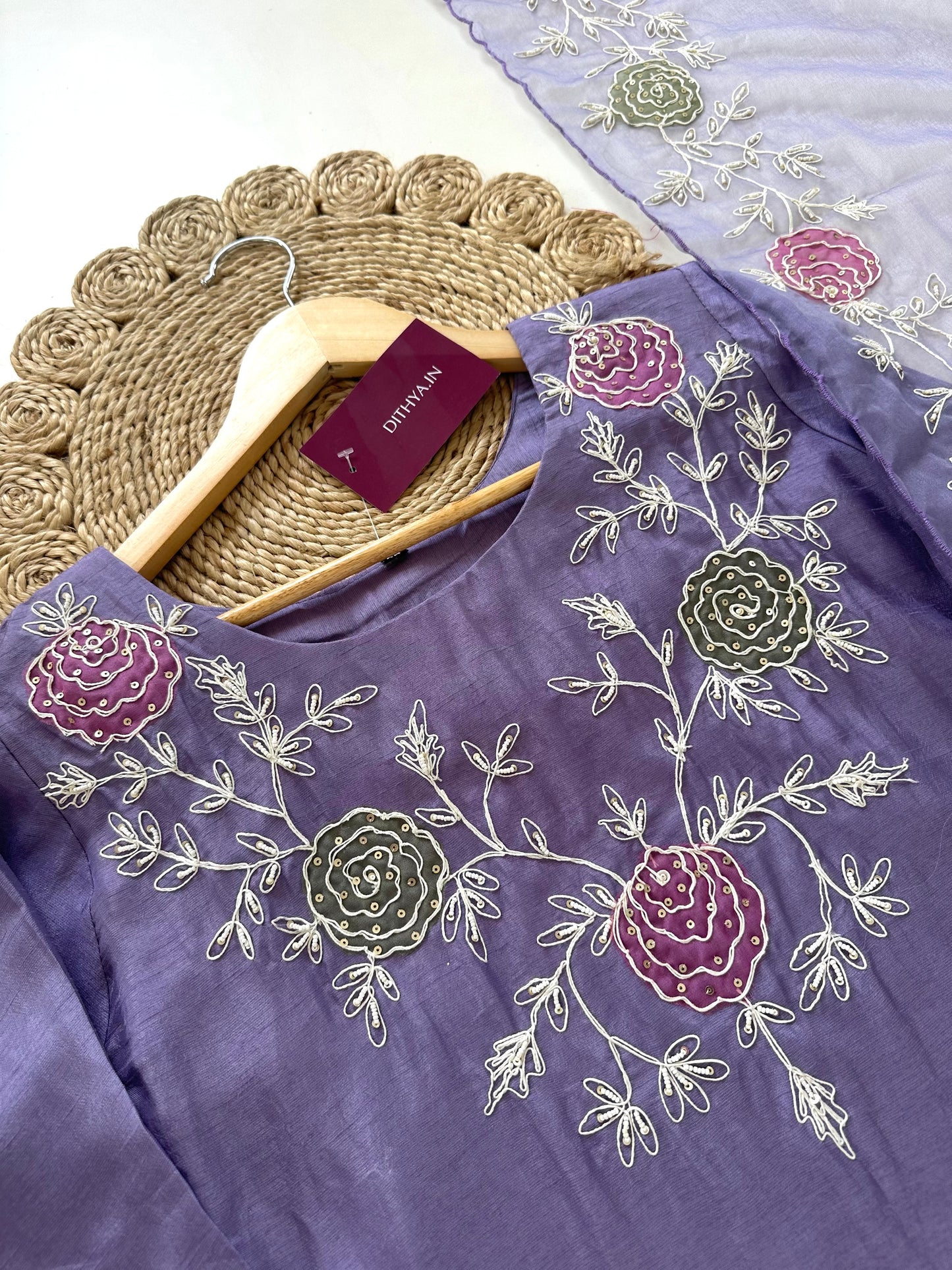 K077 - Handwork Russian silk Straight kurti with pants and dupatta .