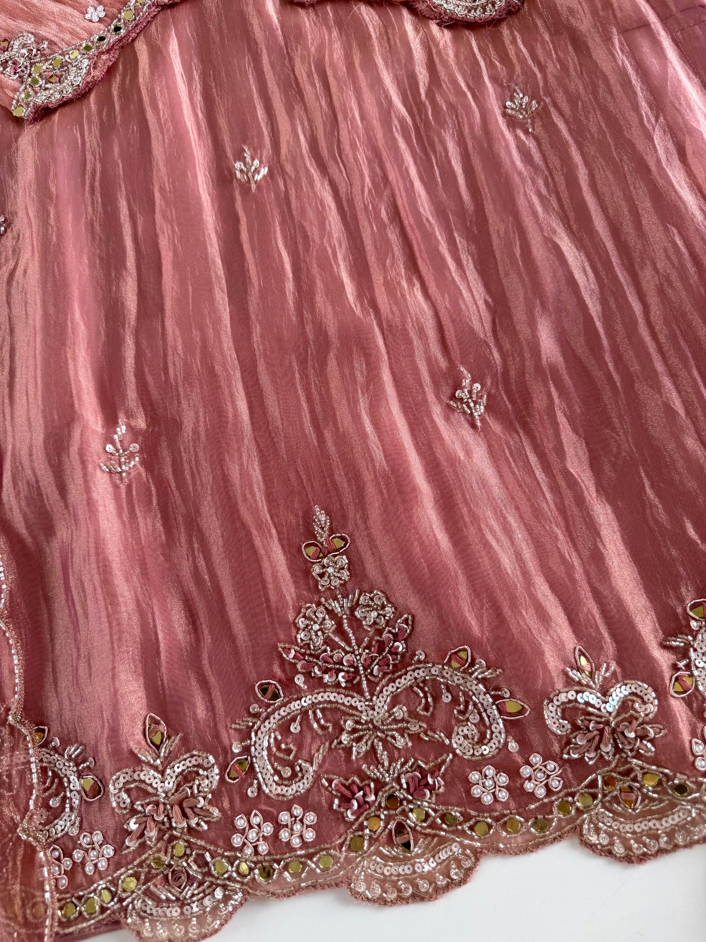 K500 - Glass tissue silk handwork short Kurti with divider pants and dupatta