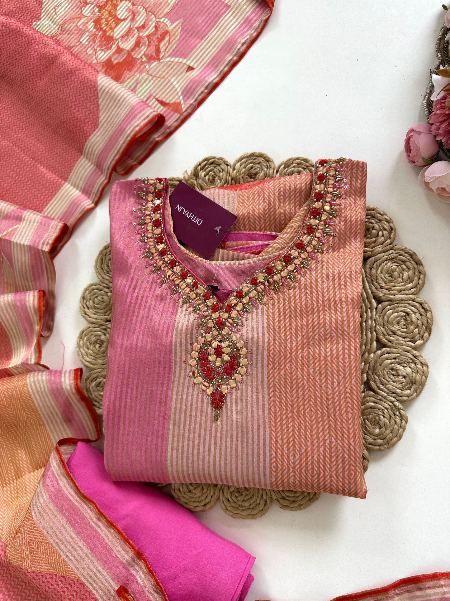 K221 - Tissue silk self weaving handwork straight Kurti with pants and dupatta in 2 prints