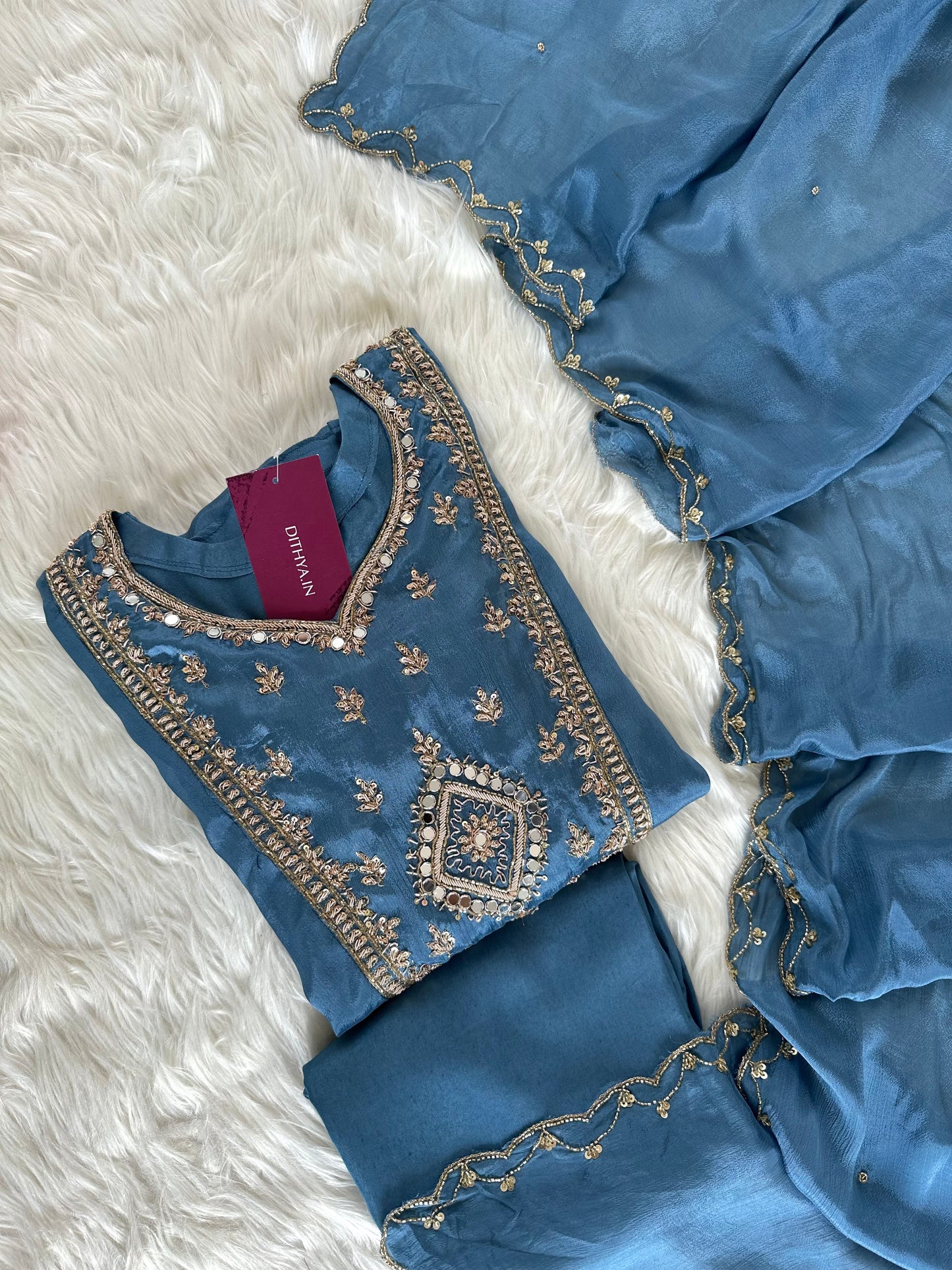 K399 - Handwork Chinnon Anarkali with pants and dupatta in 2 colour