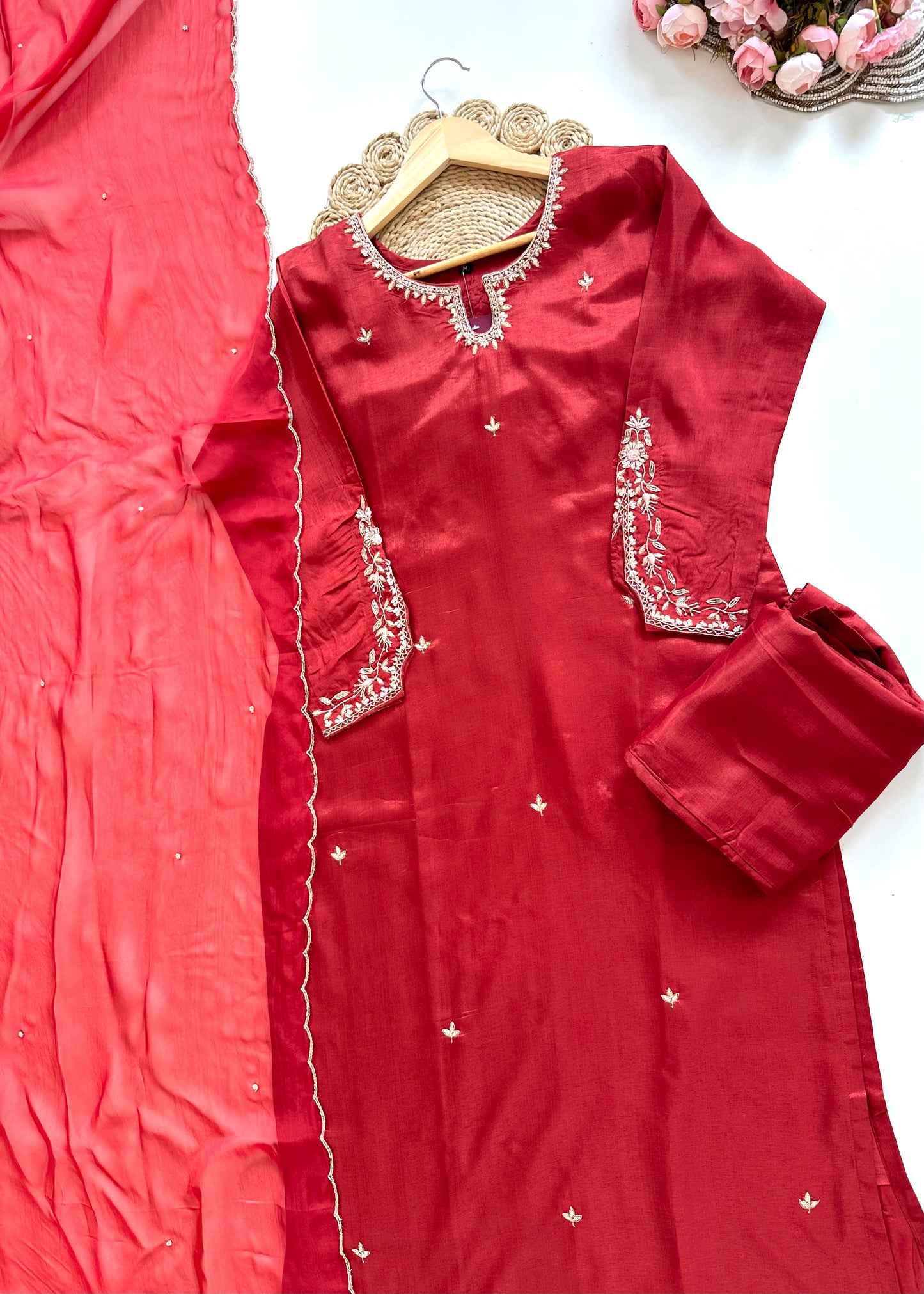 K324 - Russian silk handwork straight Kurti with pants and dupatta