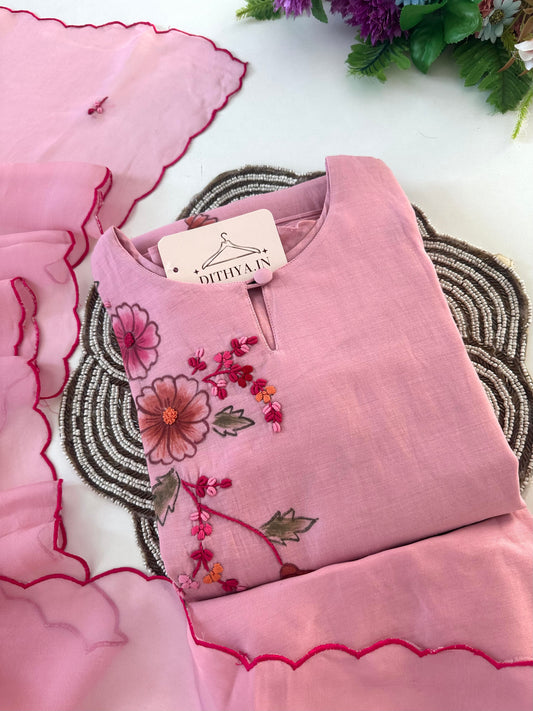 K380 - Mul chanderi hand painted and embroidered aline Kurti with pants and dupatta