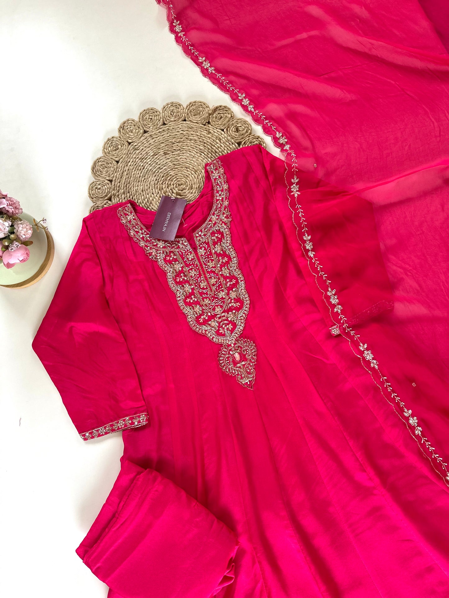 K163 - Russian silk handwork Anarkali with pants and organza dupatta .