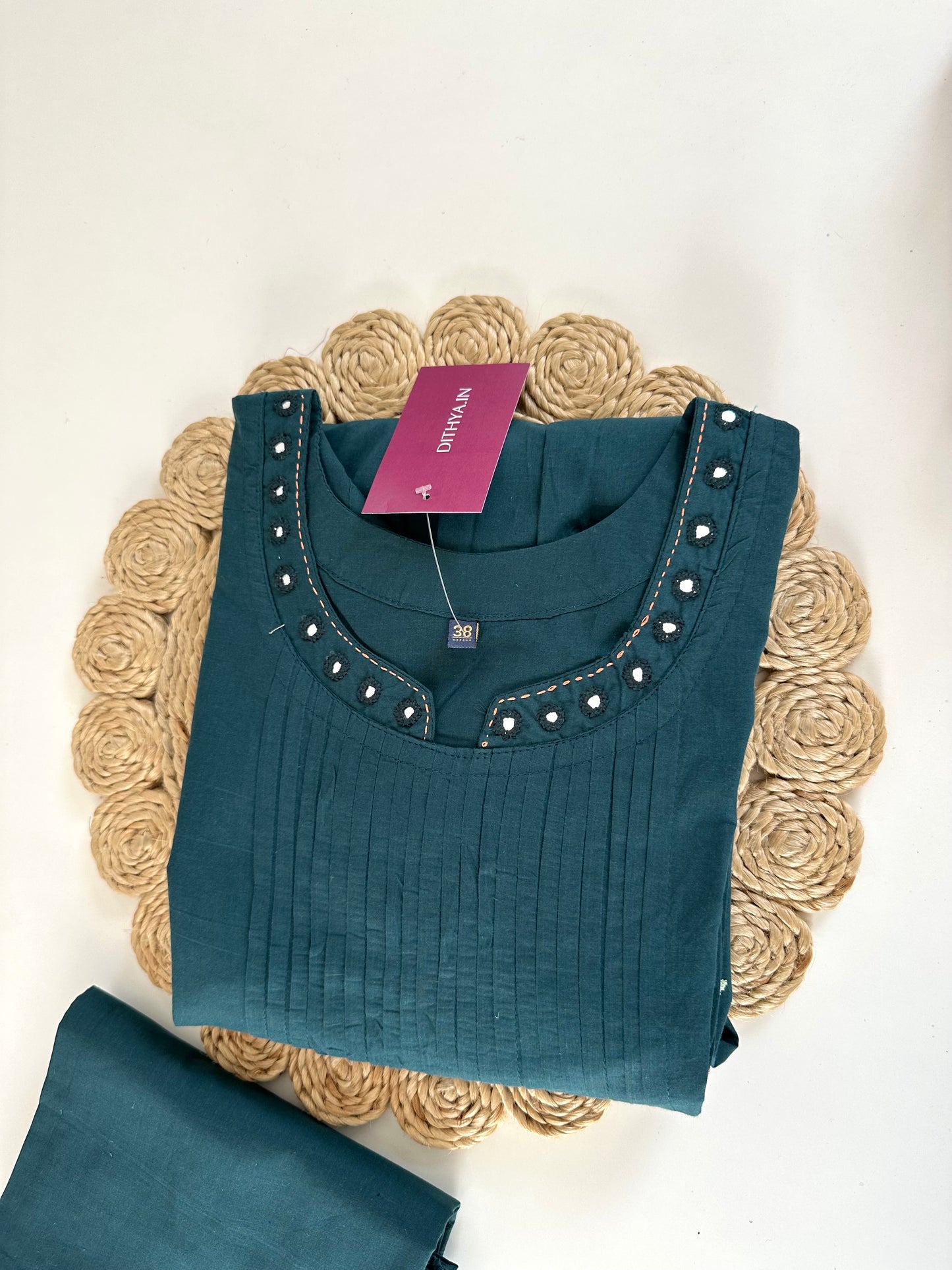 K268 - Cotton pleated embroidered Aline Kurti with pants
