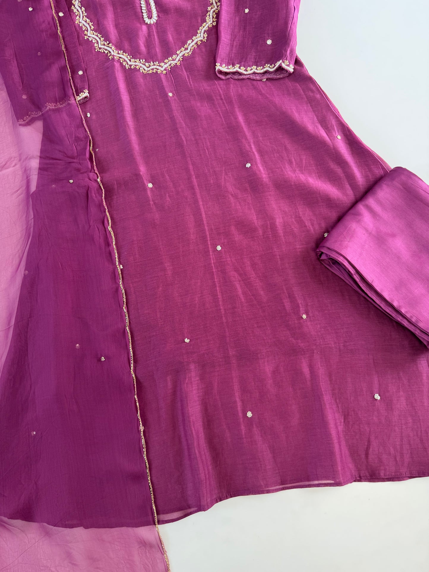 K533 - Mul chanderi handwork aline Kurti with pants and dupatta