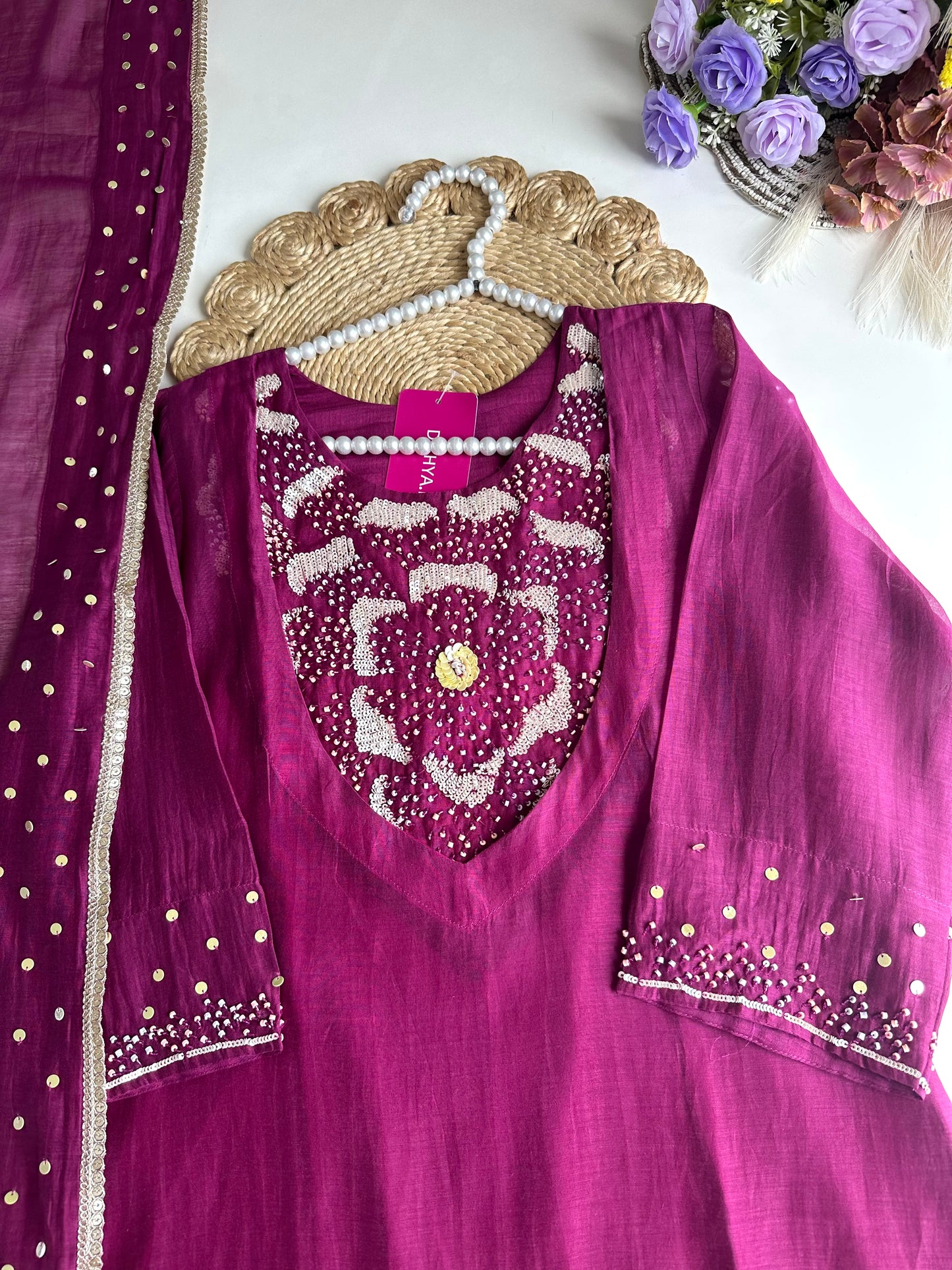 K032 - Pure mul Chanderi handwork Aline Kurti with pants and dupatta in 2 colours