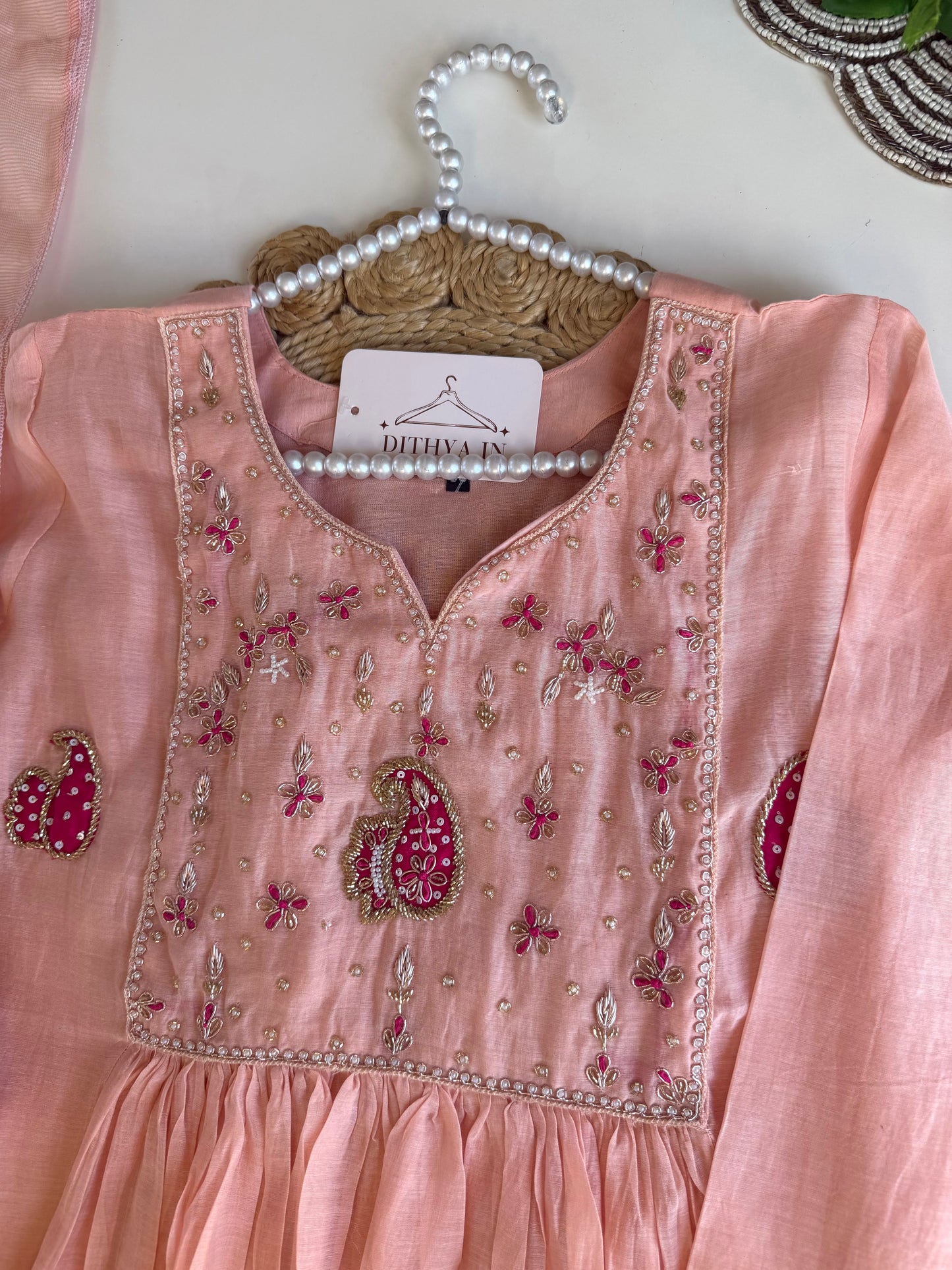 K570 - Mul chanderi handwork Anarkali with pants and dupatta