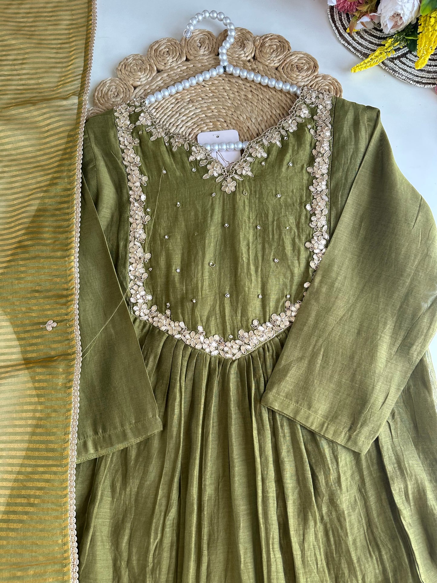 K252 - Mul Chanderi Handwork Anarkali with pants and dupatta