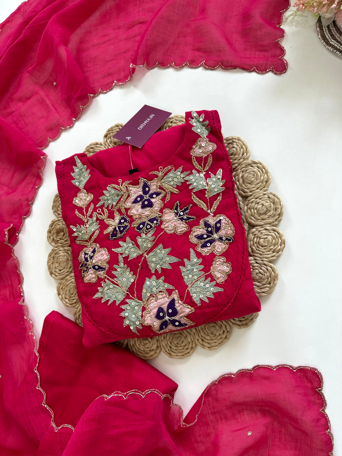 K265 - Mul Chanderi applique work Aline Kurti with pants and dupatta in 2 colours