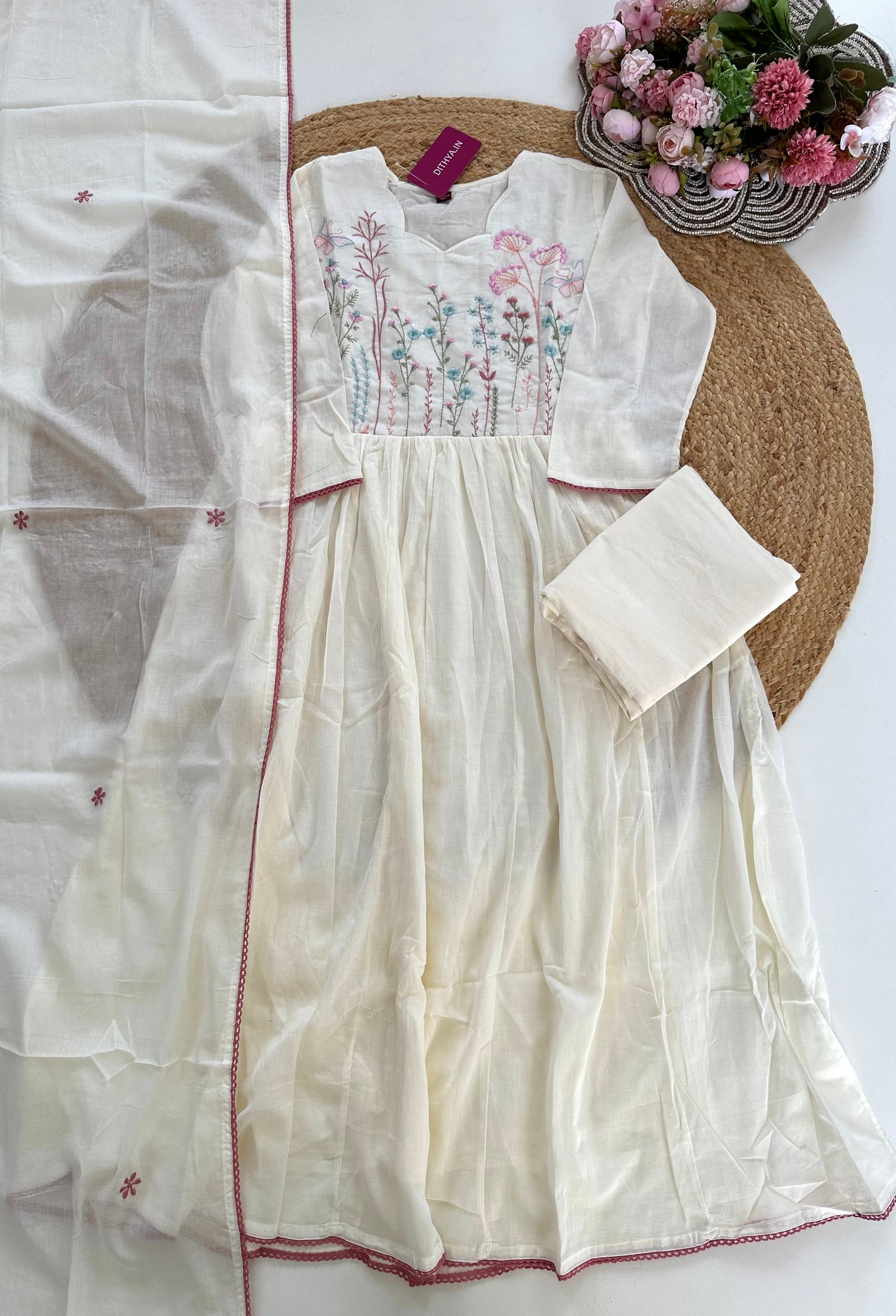 K144 - Mul cotton embroidered Anarkali with pants and dupatta