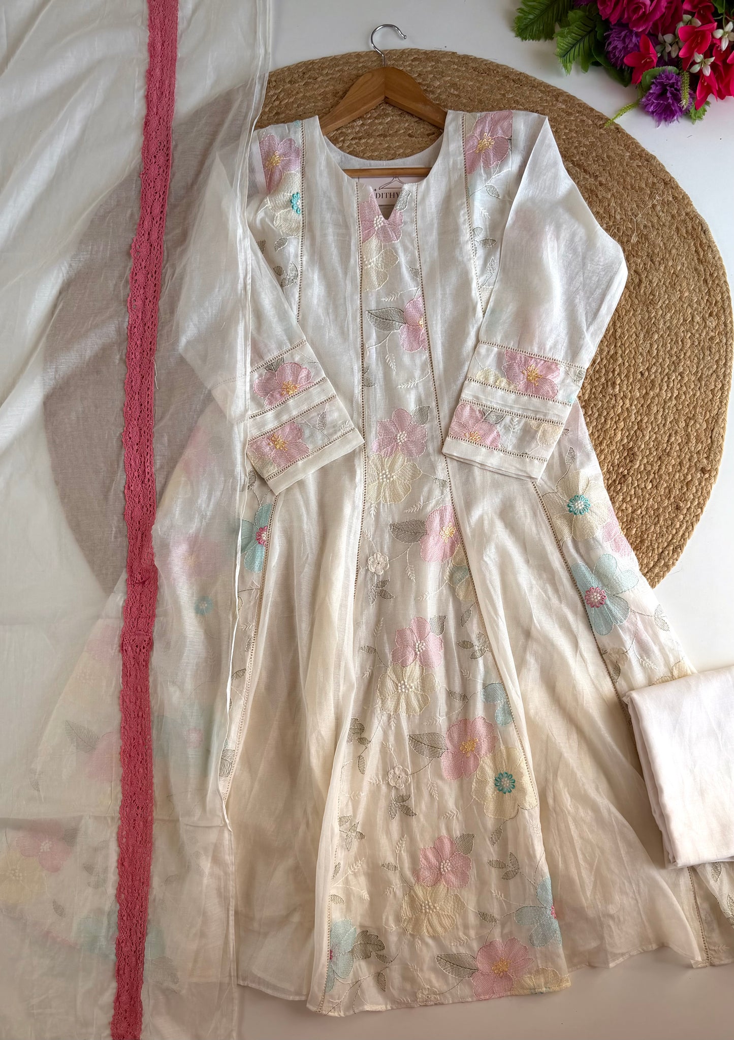 K032 - Mul chanderi embroidered Anarkali with pants and dupatta