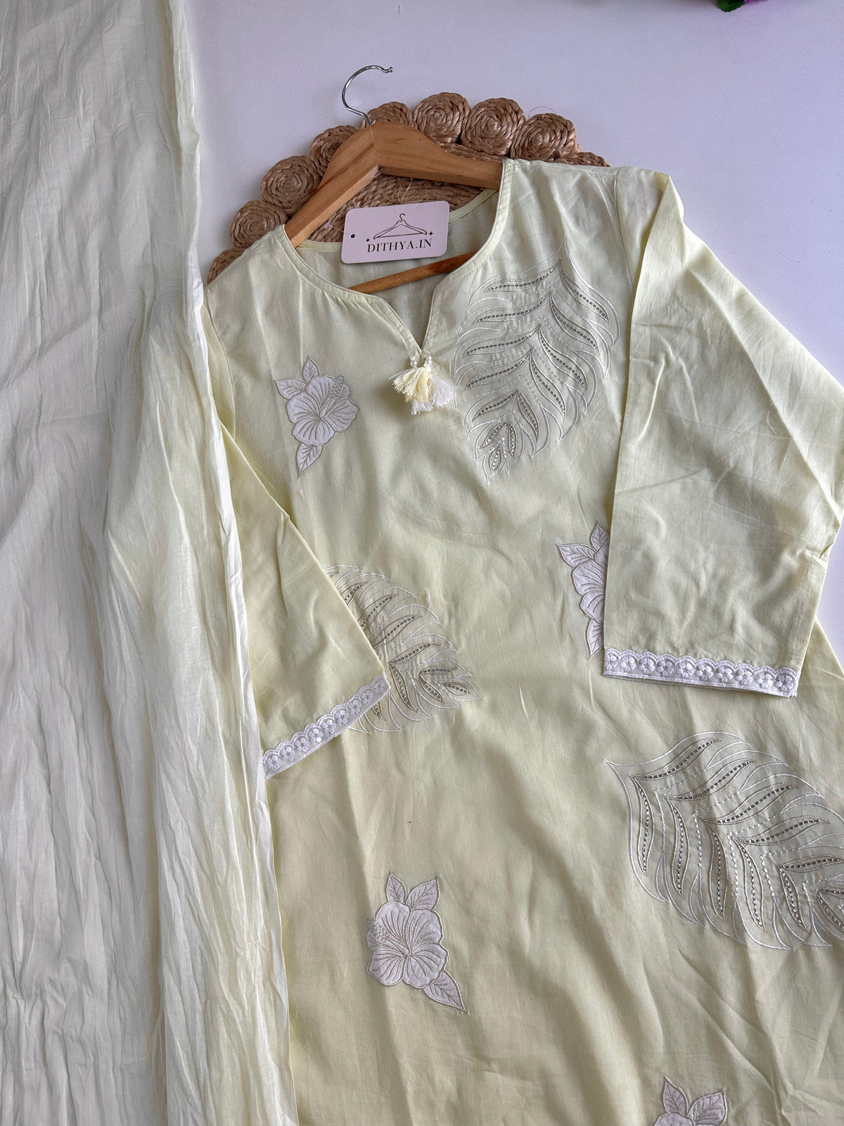 K159 - Mul cotton embroidered straight Kurti with pants and dupatta