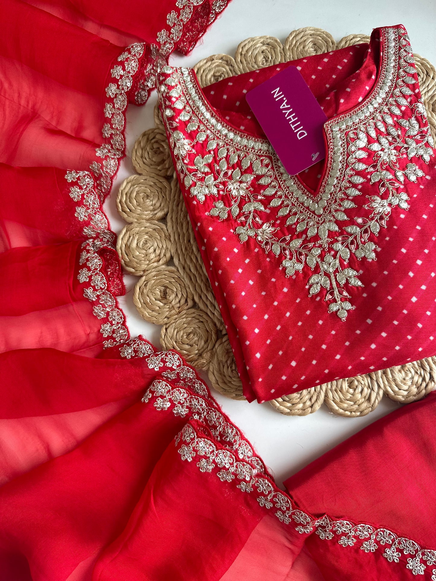 K341 - Russian silk gota work straight Kurti with pants and dupatta