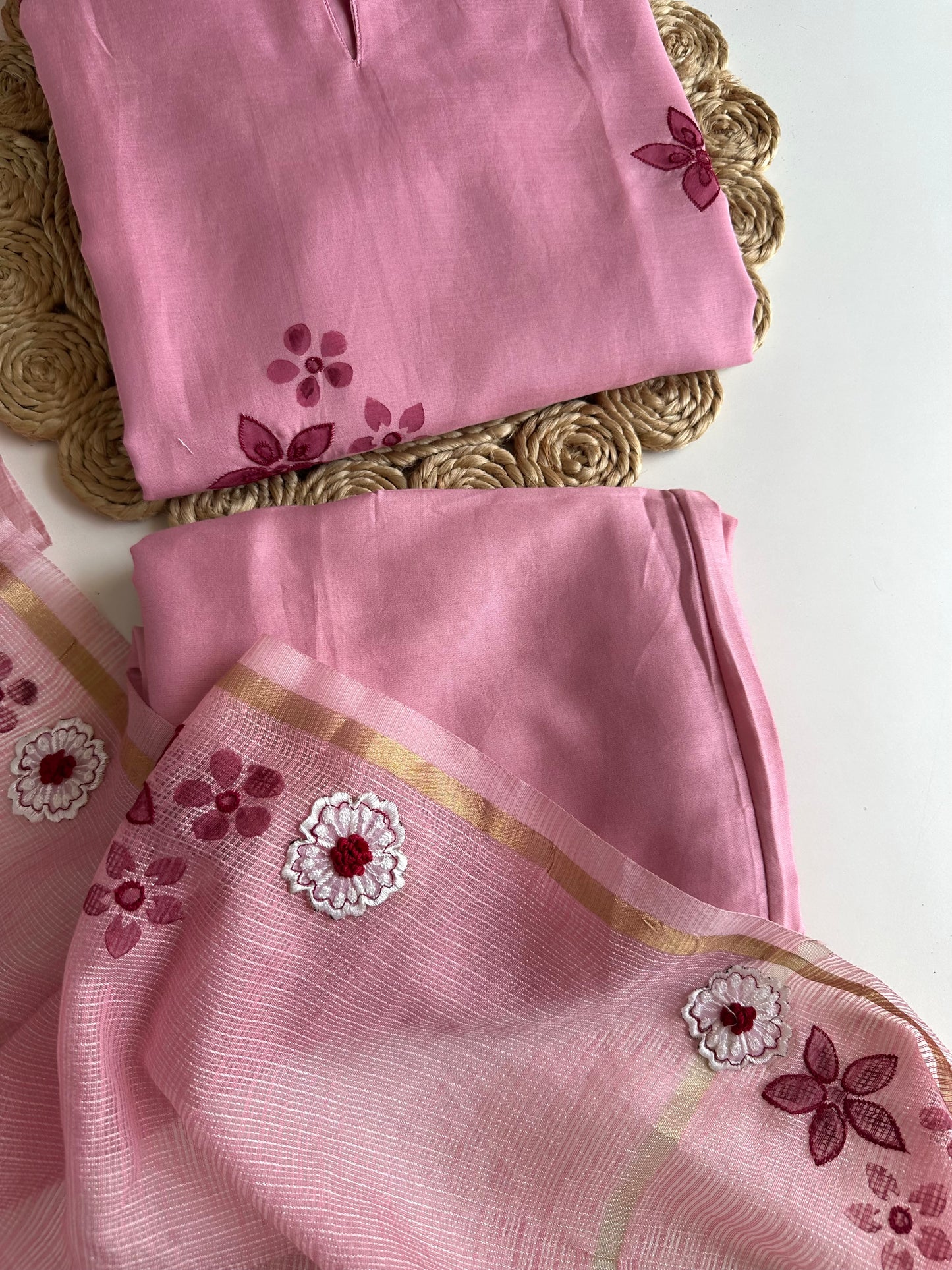 K163 - Mul Chanderi appliqué work Aline Kurti with pants and dupatta