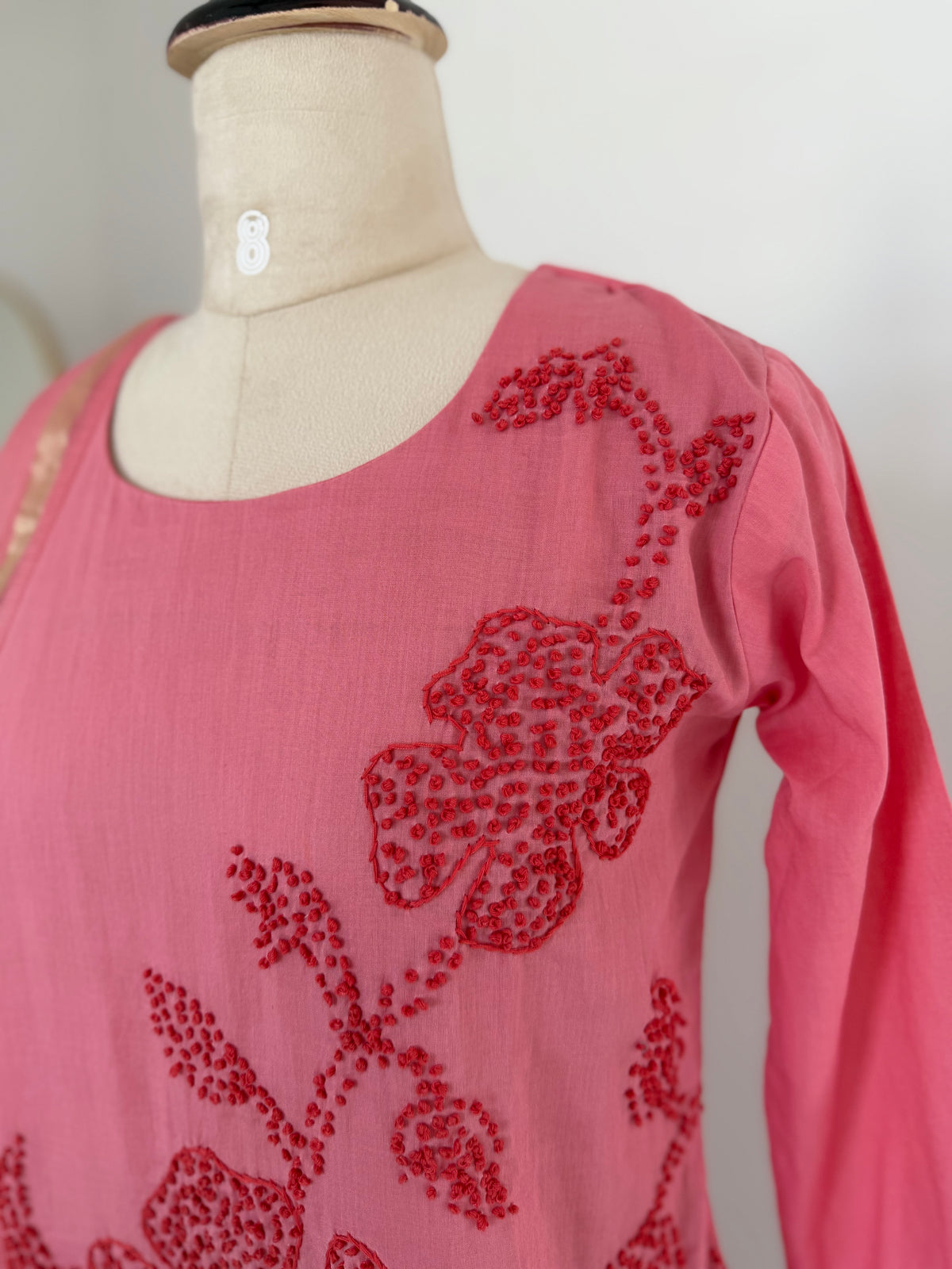 K495 - Mul chanderi embroidered Aline Kurti with pants and dupatta
