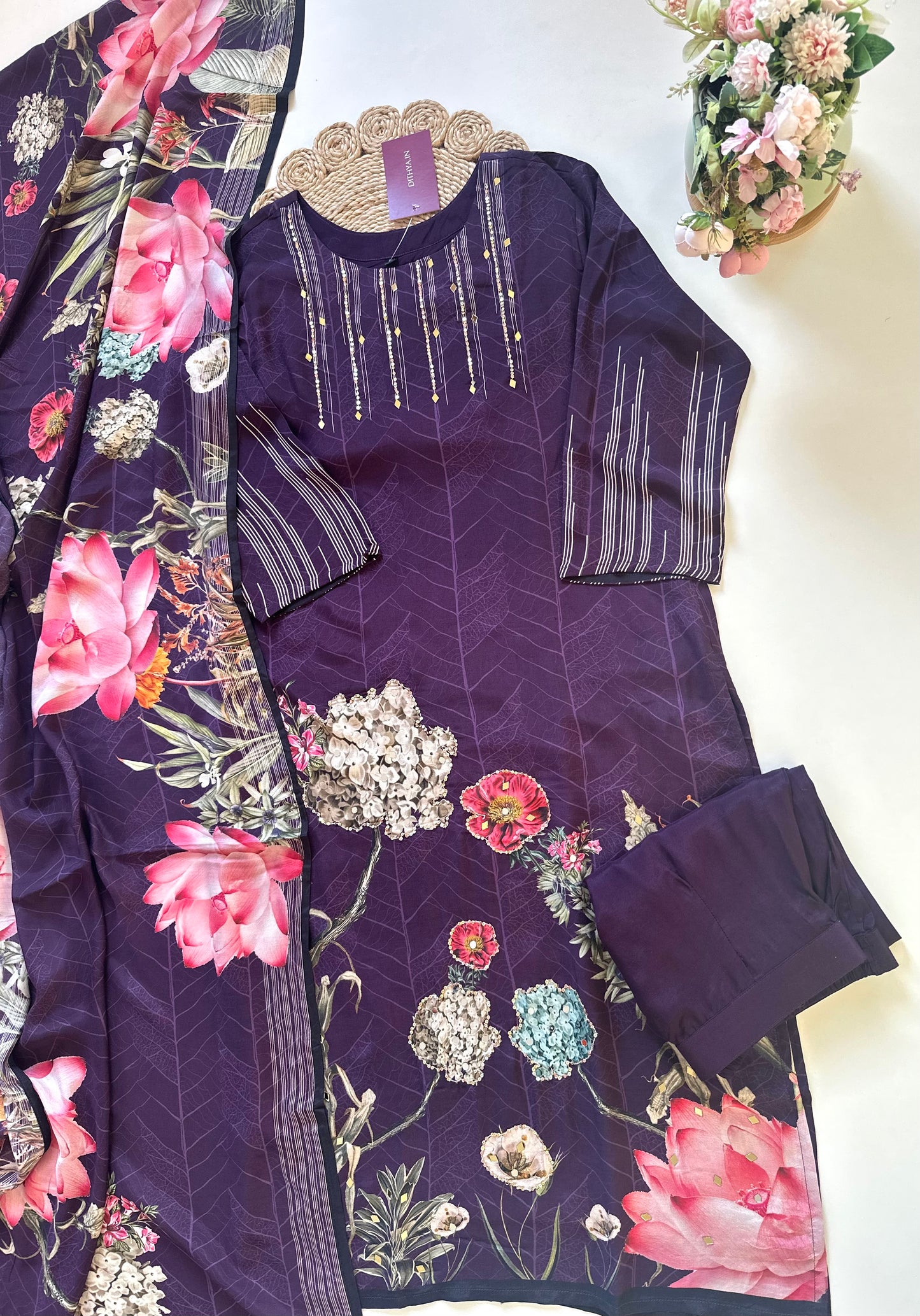 K431 - Crape floral straight Kurti with pants and dupatta