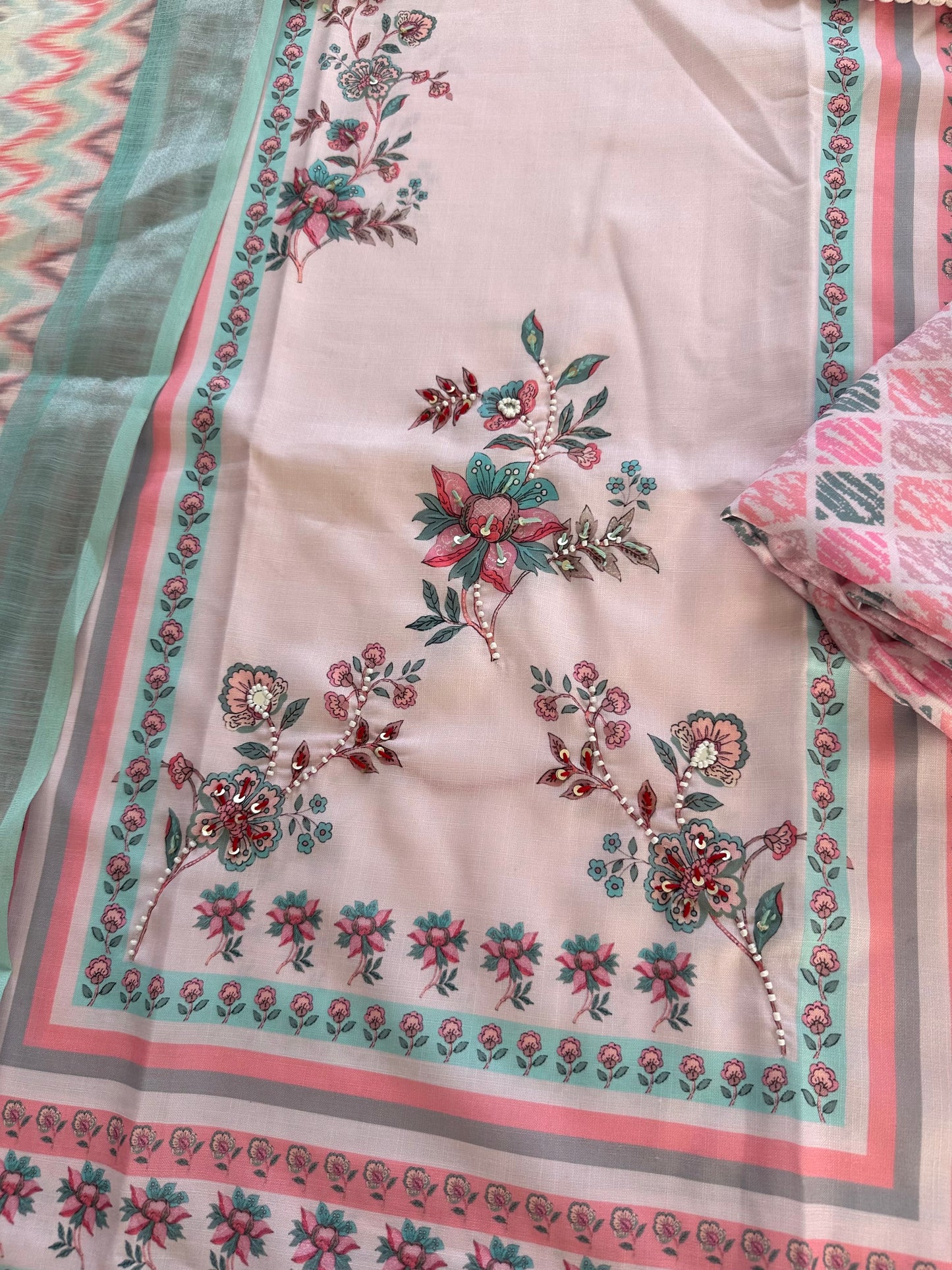 K421 - Rayon handwork Straight Kurti with pants and dupatta in 2 coloursp