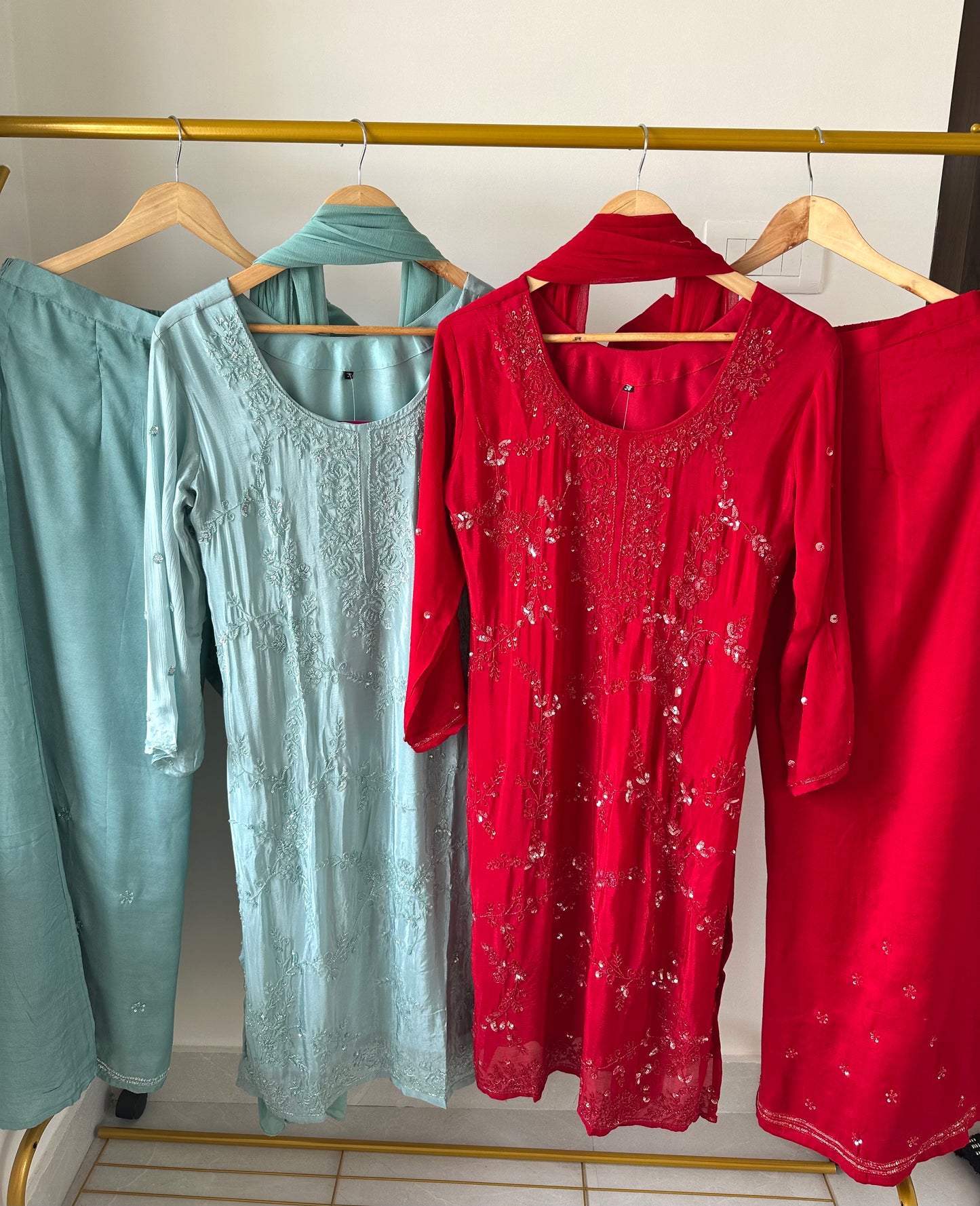 K256 - Chinnon Handwork Kurti with palazzo pants and chiffon dupatta