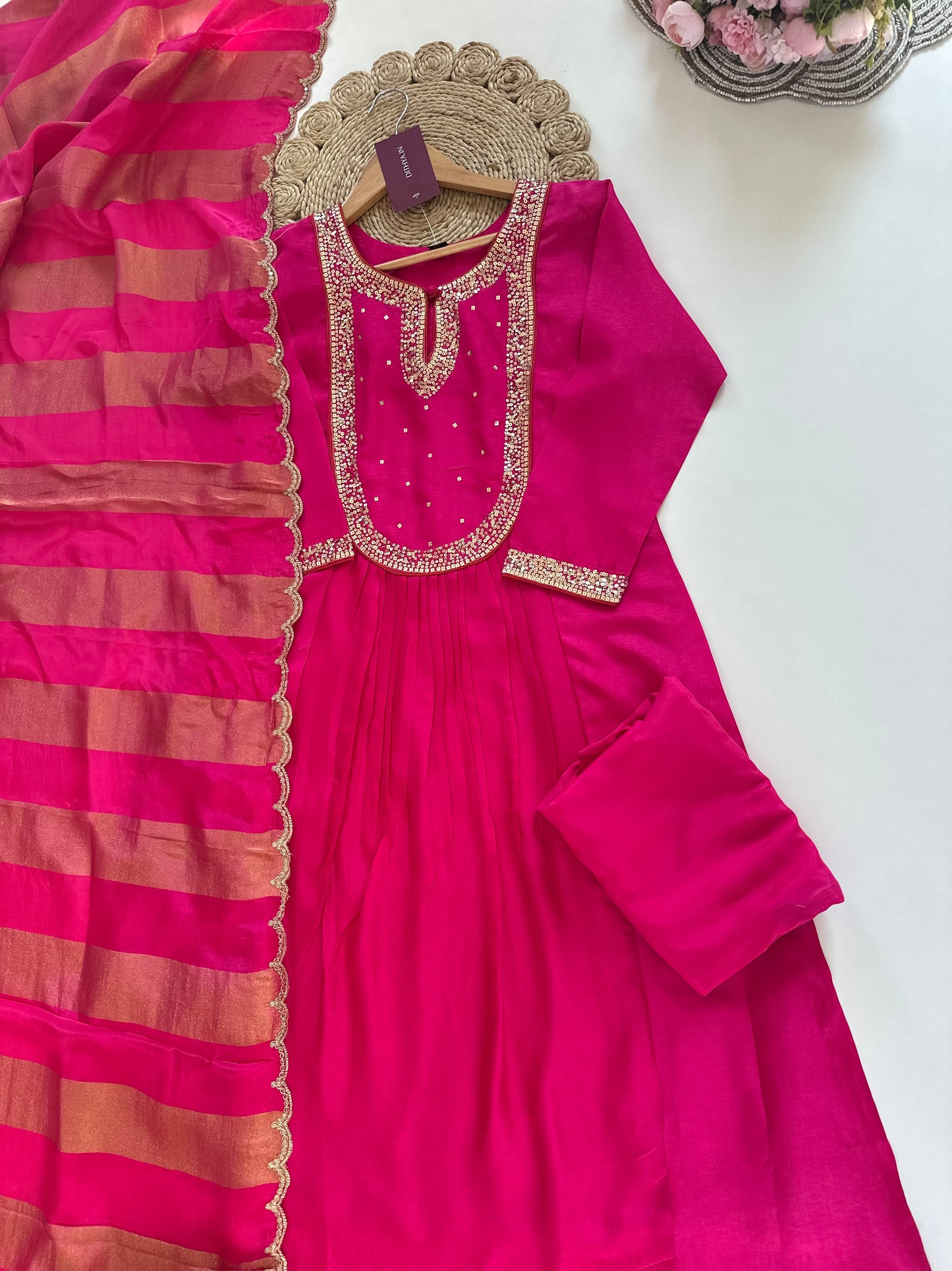 K141 - Russian silk sequins work Aline Kurti with pants and dupatta