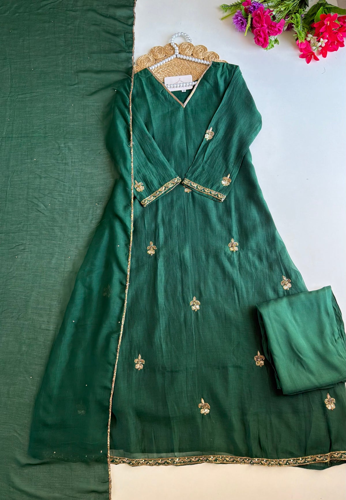 K260 - Mul chanderi handwork Aline Kurti with pants and dupatta