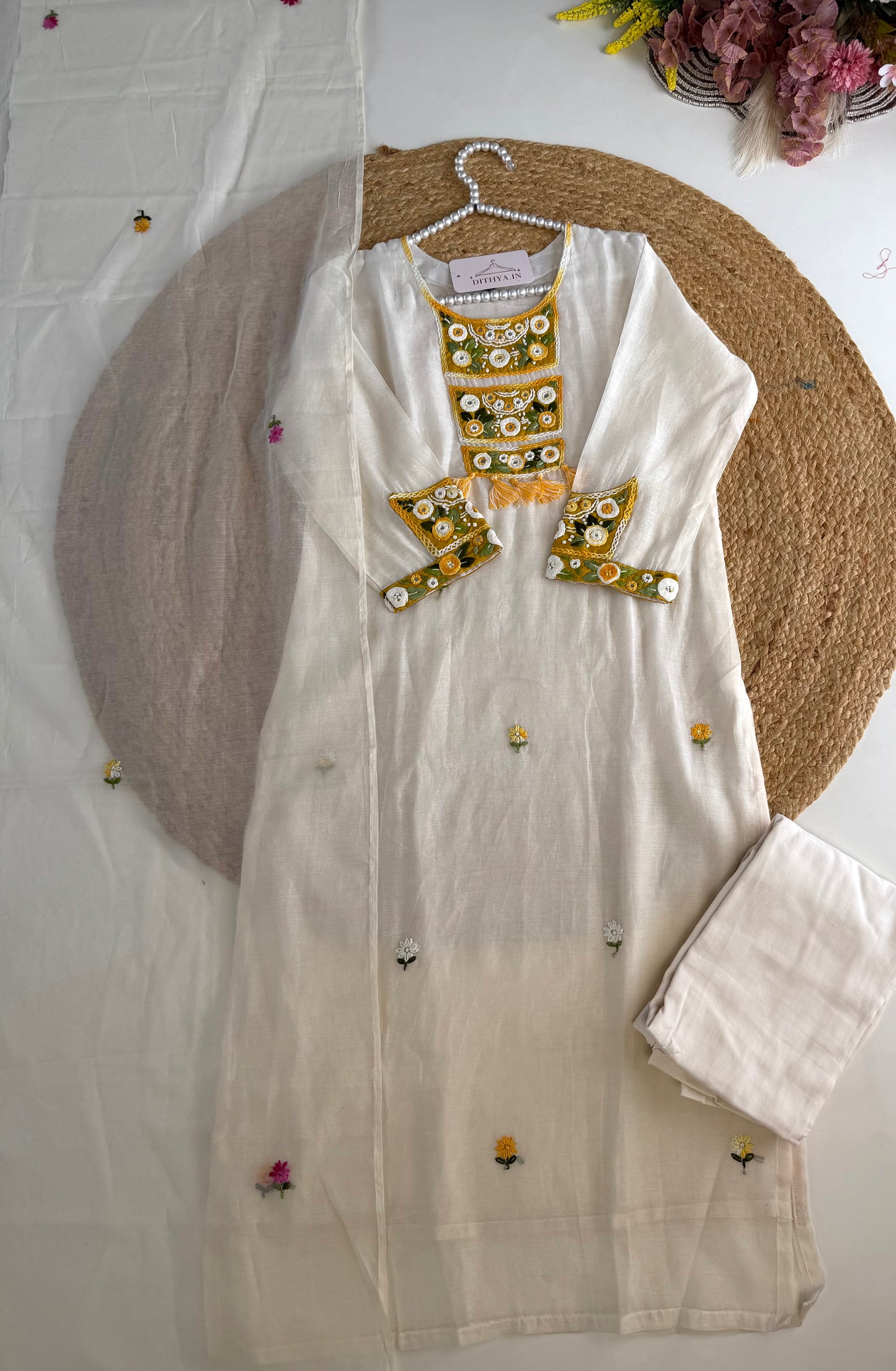 K504 - Mul chanderi embroidered straight Kurti with pants and dupatta