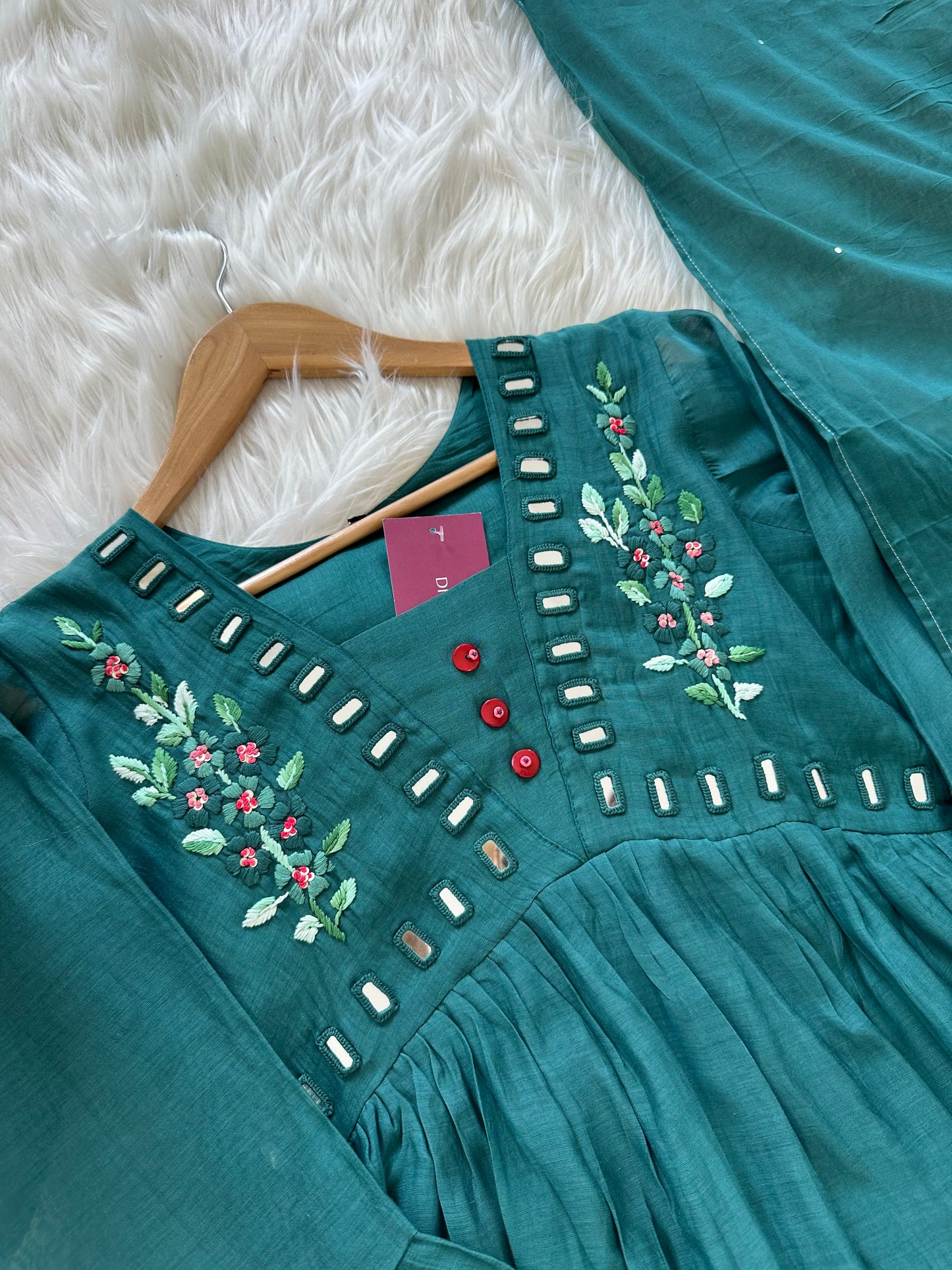 K244 - Mul Chanderi mirror embroidered Aline Kurti with pants and dupatta