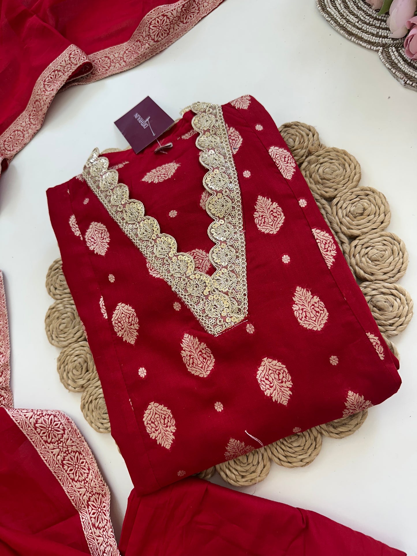 K094 - Cotton Jacquard Aline Kurti with pants and dupatta in 3 colours.