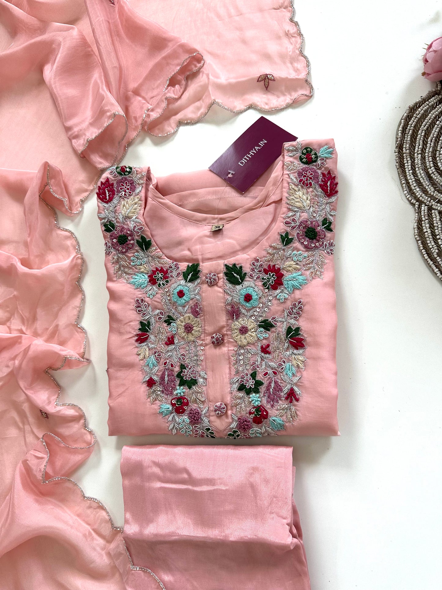 K152 - Viscose organza handwork straight Kurti with pants and dupatta in 2 colours