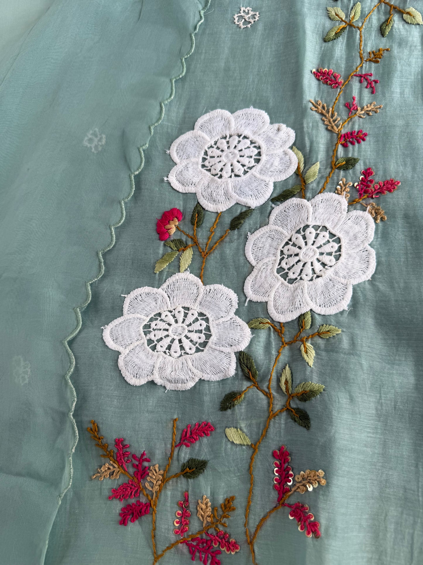 K411 - Mul chanderi appliqué embroidered Aline Kurti with pants and dupatta