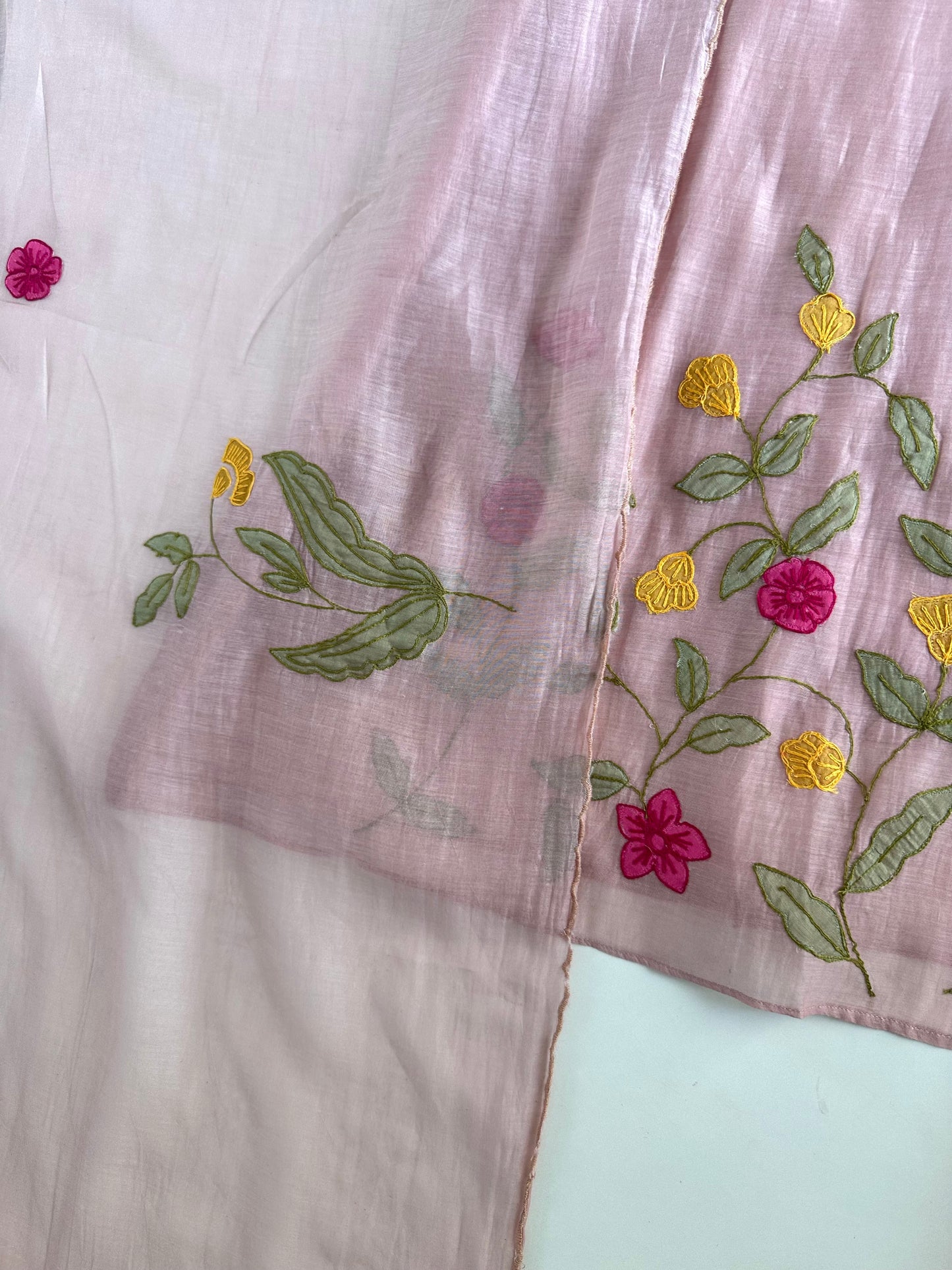K106 - Mul Chanderi Appliqué work Aline Kurti with pants and dupatta