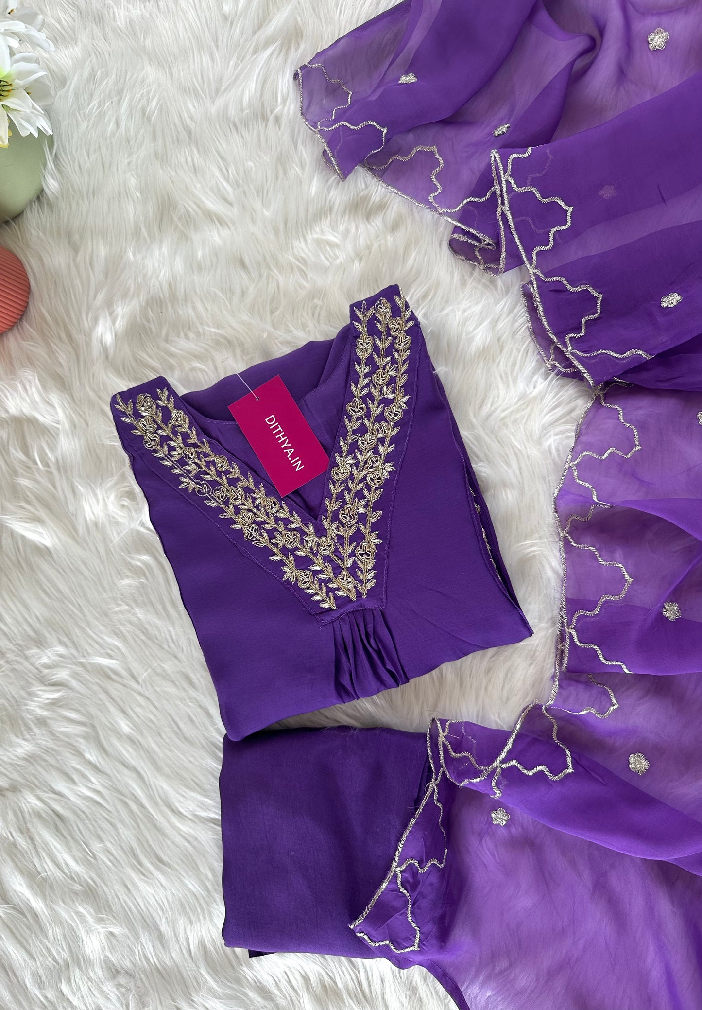 K259 - Mul Chanderi zardosi Aline Kurti with pants and dupatta