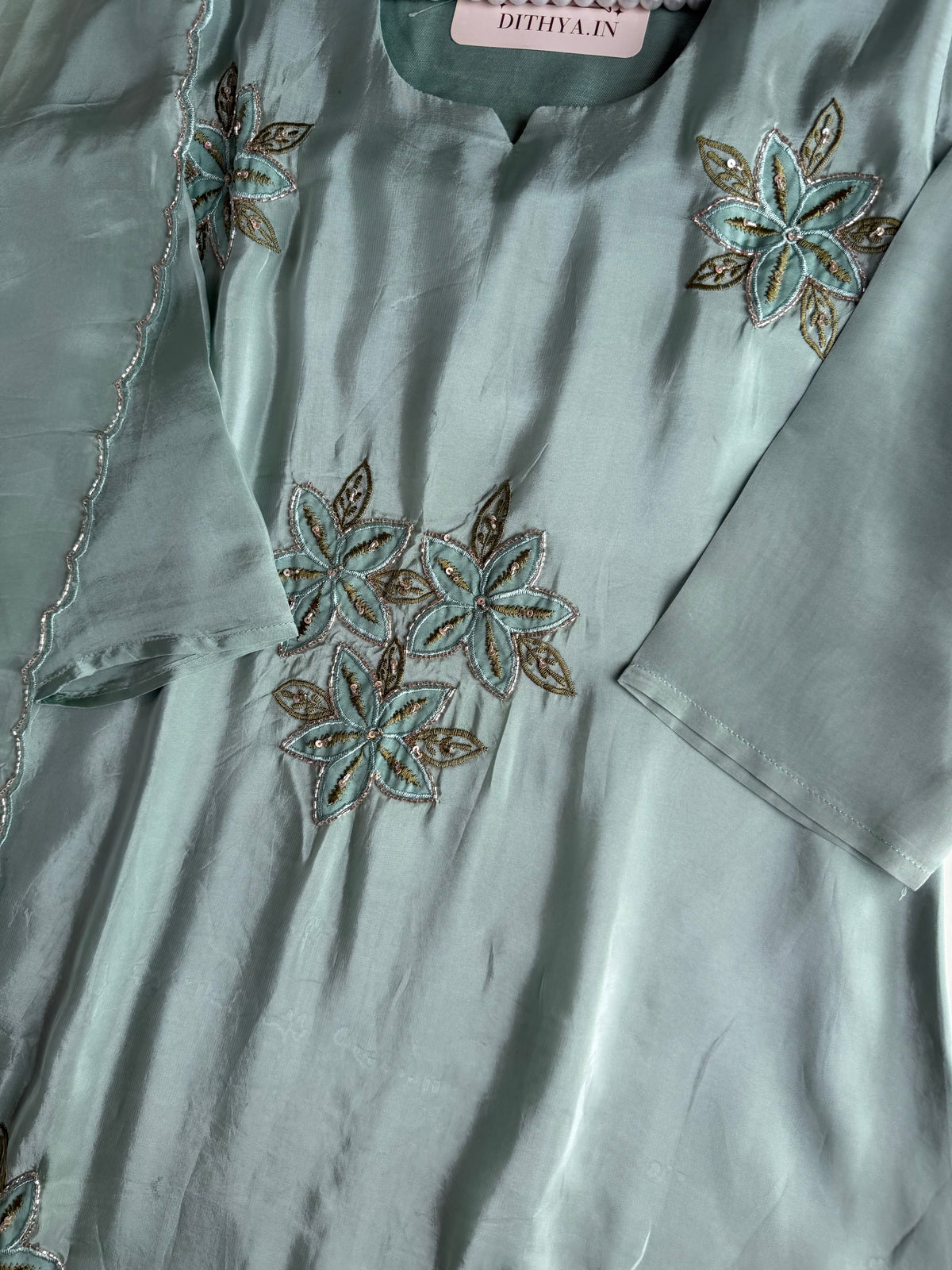 K708 - Pure crape handwork aline Kurti with pants and dupatta
