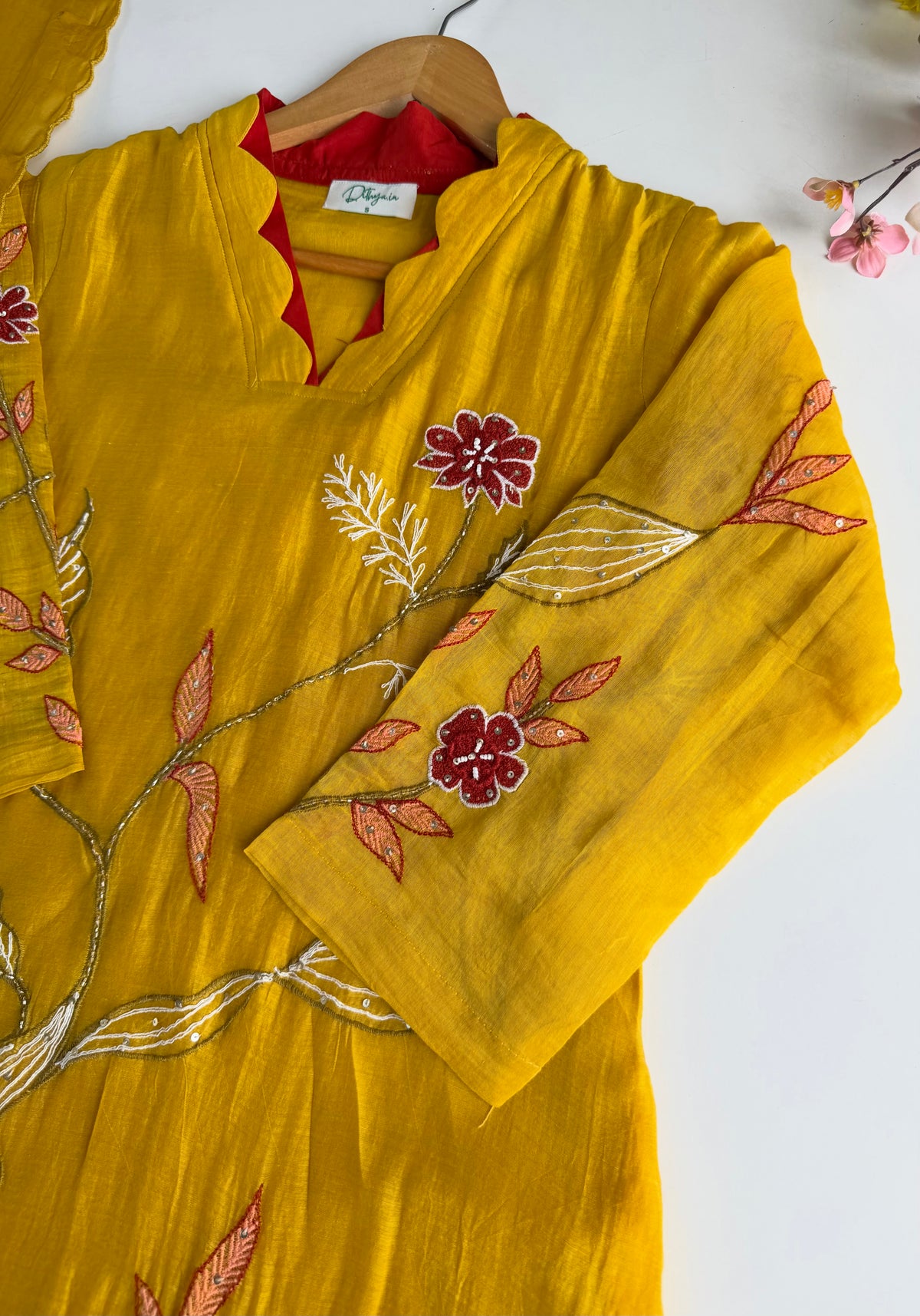 K453 - Mul chanderi appliqué embroidered Aline Kurti with pants and dupatta