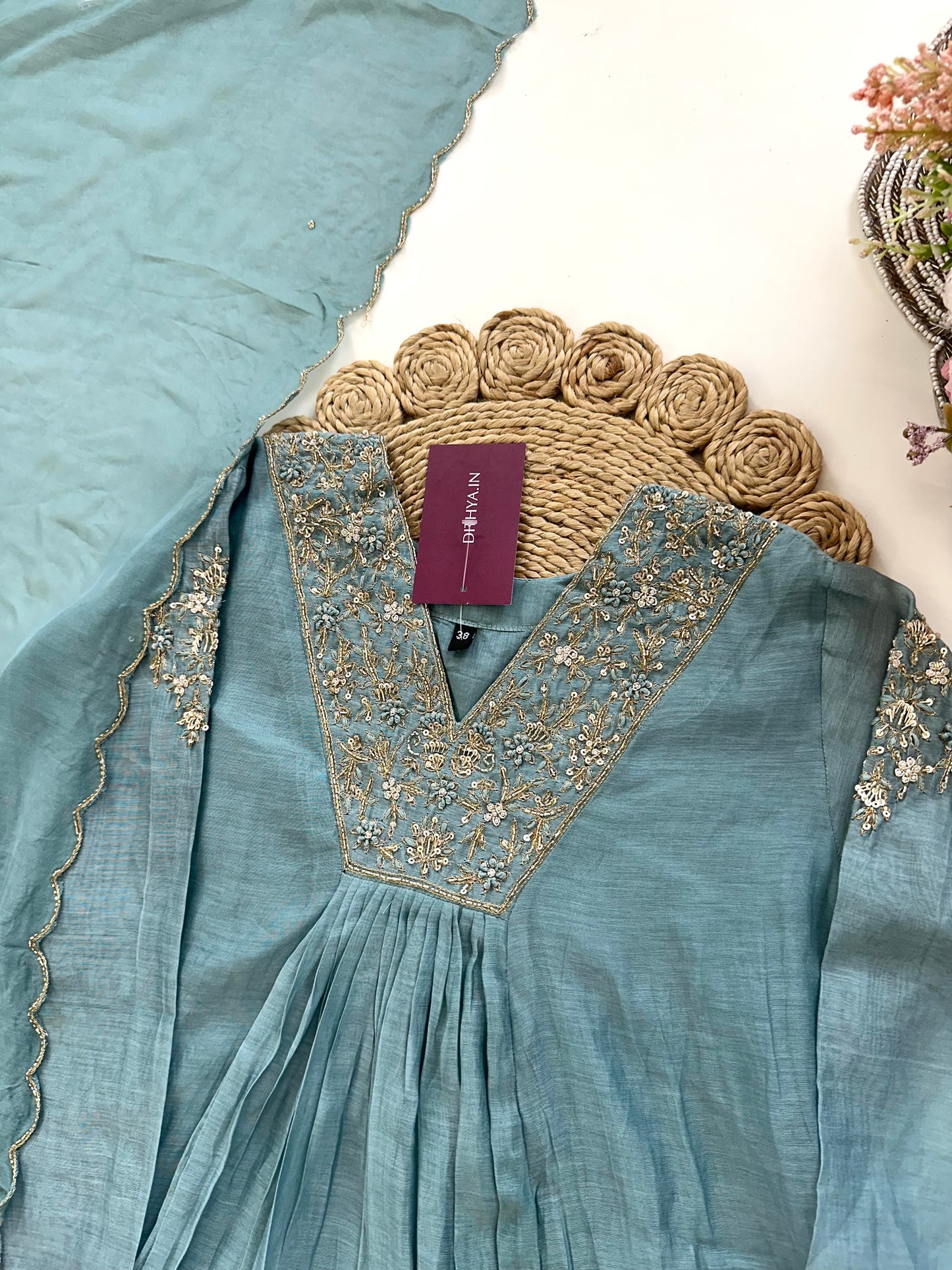 K191 - Mul Chanderi handwork Aline Kurti with pants and dupatta in 3 colours